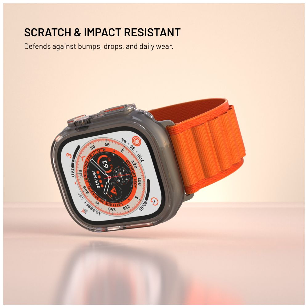 Eine orangefarbene Apple Watch mit grauem Gehäuse. Das Display zeigt Kompass und Uhrzeit. Text: 'Kratz- & Stoßfest'.