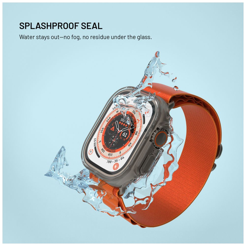 Eine orangefarbene Smartwatch mit Wasserspritzern, die eine spritzwassergeschützte Abdichtung zeigt. Das Zifferblatt zeigt verschiedene Daten an.