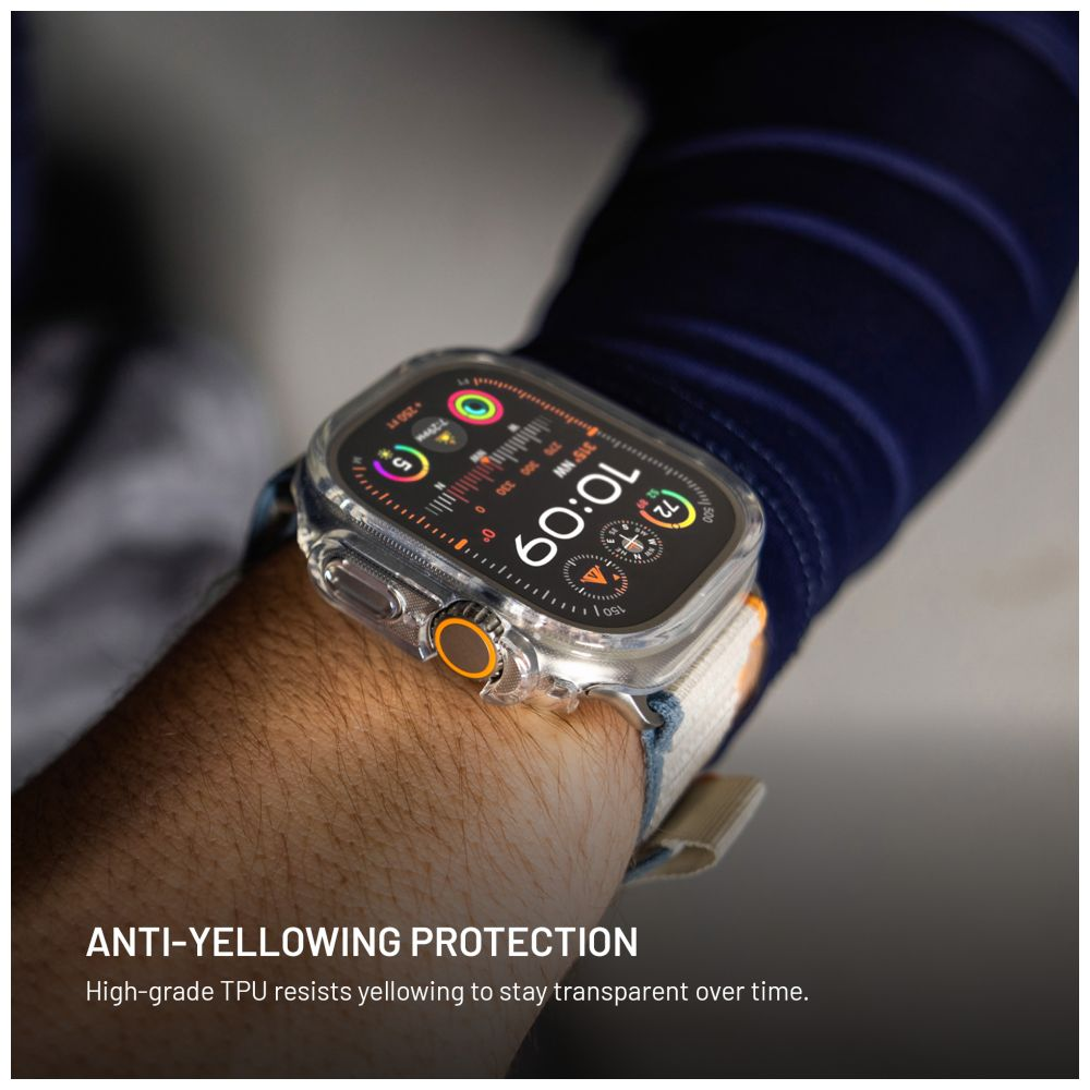 Ein Handgelenk mit einer Apple Watch. Die Uhr hat ein klares Gehäuse. Die angezeigte Zeit ist 60:01. Das Band ist beige und blau.
