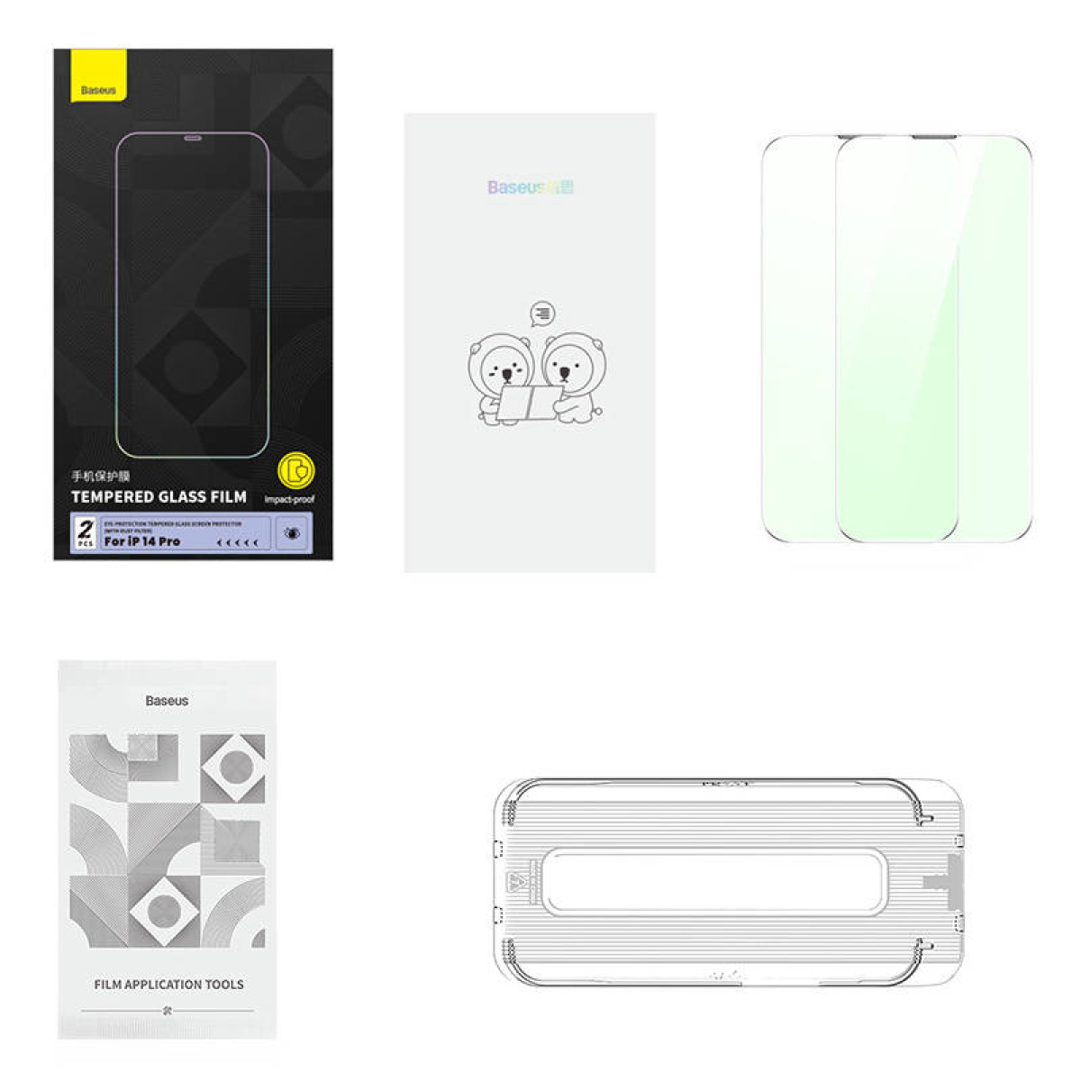 L'immagine mostra protezioni schermo in vetro temperato Baseus per iPhone 14 Pro. Include confezione e protezioni.