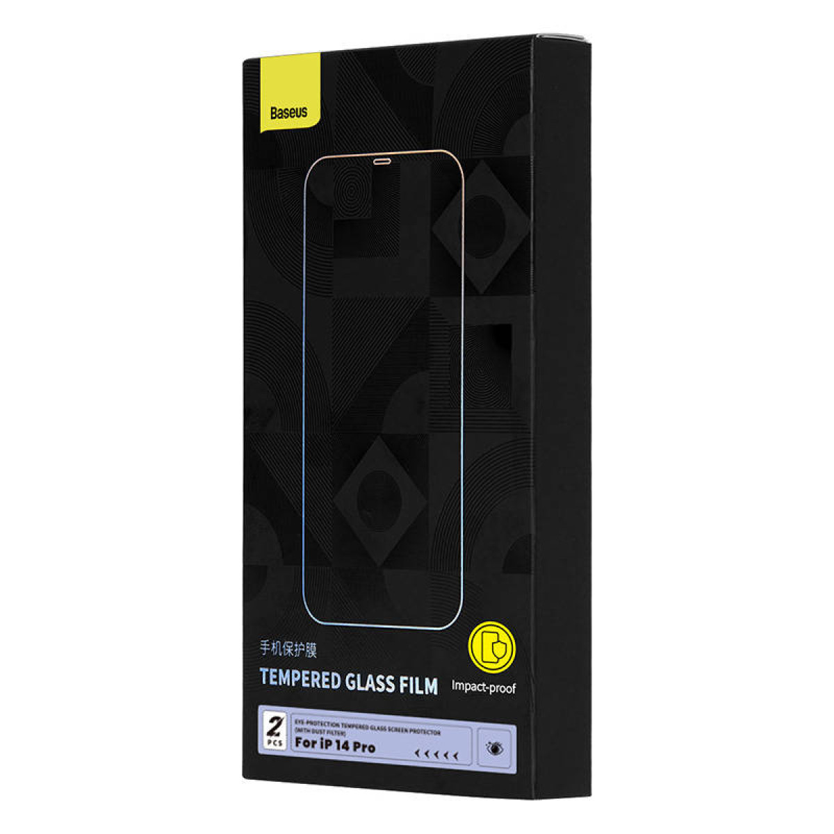 Una scatola di protezione schermo in vetro temperato Baseus per iPhone 14 Pro. Scatola nera con dettagli gialli, dettagli e contorno del telefono.