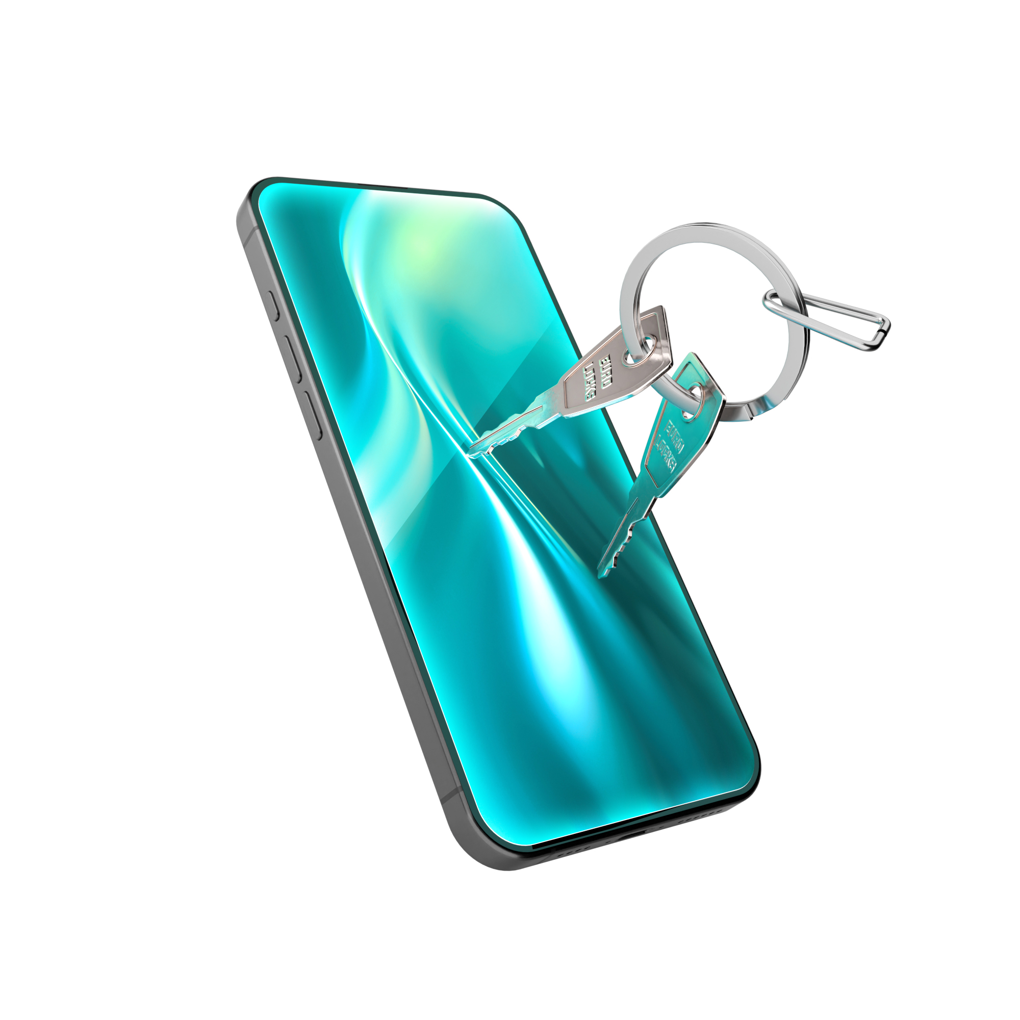 Smartfon z turkusowym ekranem i kluczami na breloczku, jakby wychodziły z ekranu, na białym tle.