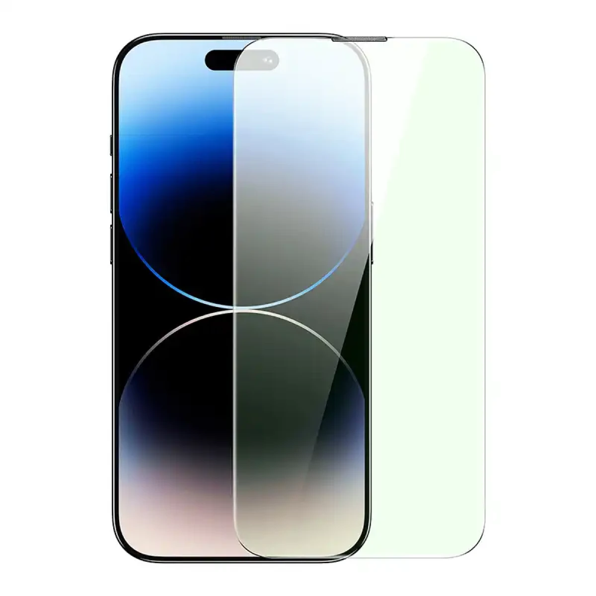 Un iPhone con protezione schermo. Lo schermo mostra una sfumatura blu e un fondo nero. La protezione è trasparente.