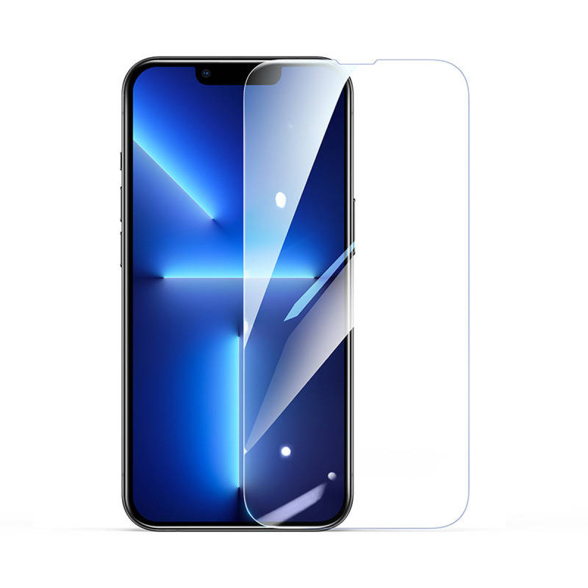 Uno smartphone con protezione schermo. Il telefono è nero con schermo blu. Una protezione trasparente è parzialmente applicata.