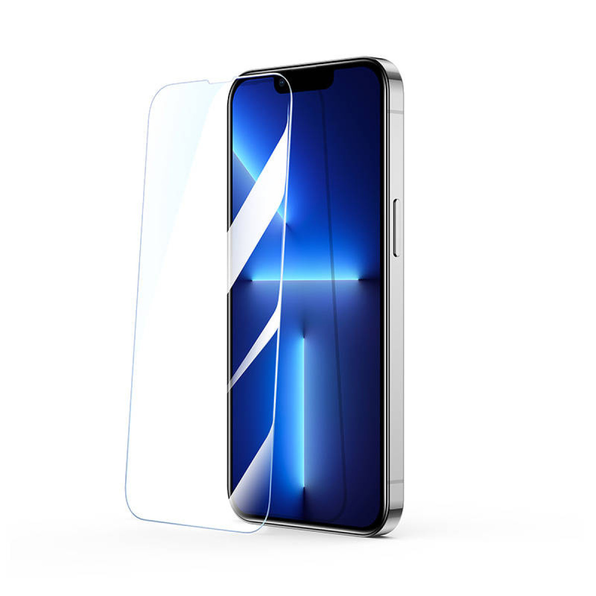 Uno smartphone con protezione schermo. Il telefono è argento con schermo blu. Accanto c'è una protezione trasparente.