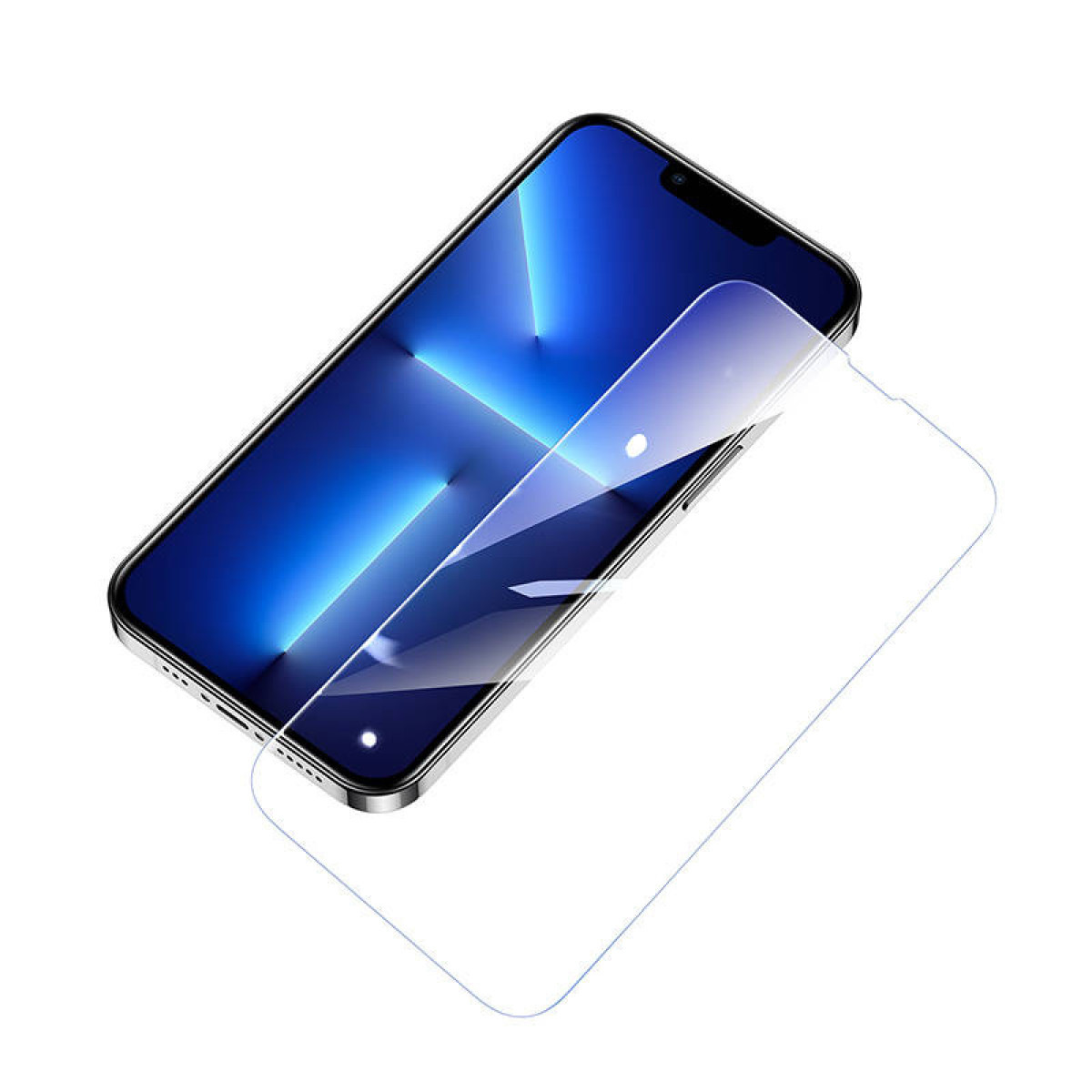 Uno smartphone con schermo blu e protezione schermo su sfondo bianco. La protezione è parzialmente sollevata.