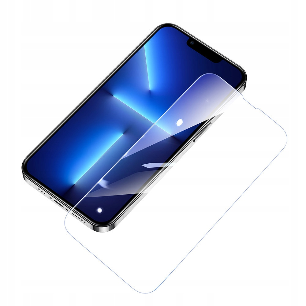 Smartphone con schermo blu e protezione schermo. La protezione è parzialmente appoggiata al telefono.