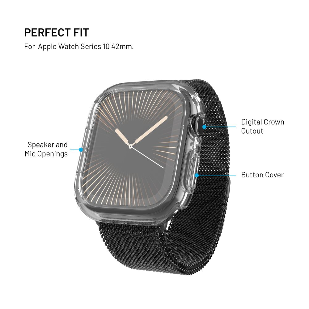 Eine Apple Watch mit transparentem Cover, schwarzem Armband und Textbeschriftungen: Perfect Fit, Lautsprecher- und Mikrofonöffnungen, Digital Crown Cutout, Button Cover.