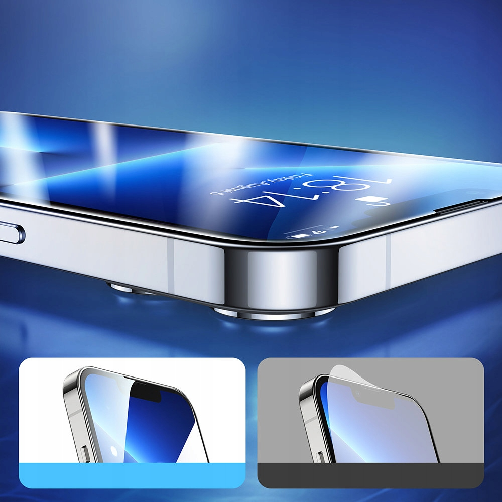 Primo piano di uno smartphone con una protezione per lo schermo applicata. Il telefono è argentato con uno schermo in vetro. Due immagini più piccole in basso.