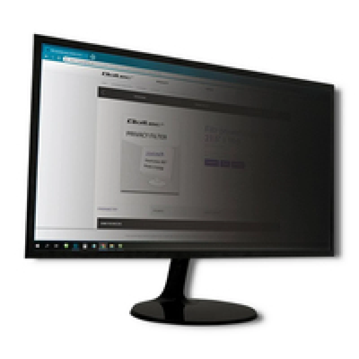 Un monitor per computer con filtro privacy mostra una pagina web. Lo schermo è nero, con un sito web visibile e un supporto nero.