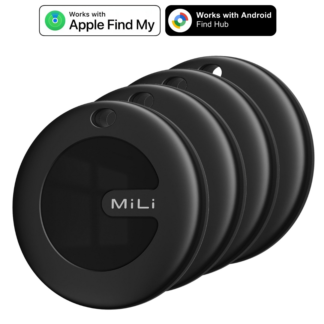 Four black circular MiLi trackers, compatible with Apple Find My and Android Find Hub, on a white background.
