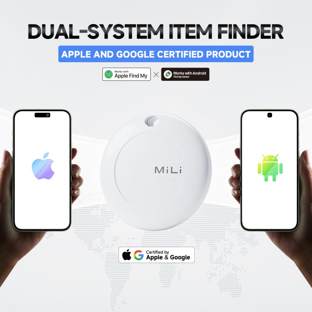Afbeelding toont een witte itemfinder en twee telefoons, een met een Apple-logo en een andere met een Android-logo. Het product is Apple- en Google-gecertificeerd.