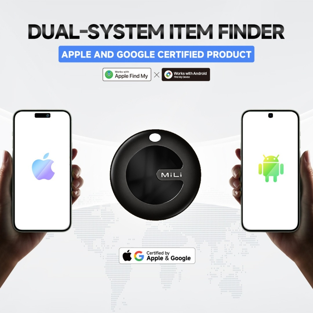 A product ad shows a black item finder. Two phones display the Apple and Android logos. The text says 'Dual-System Item Finder'.