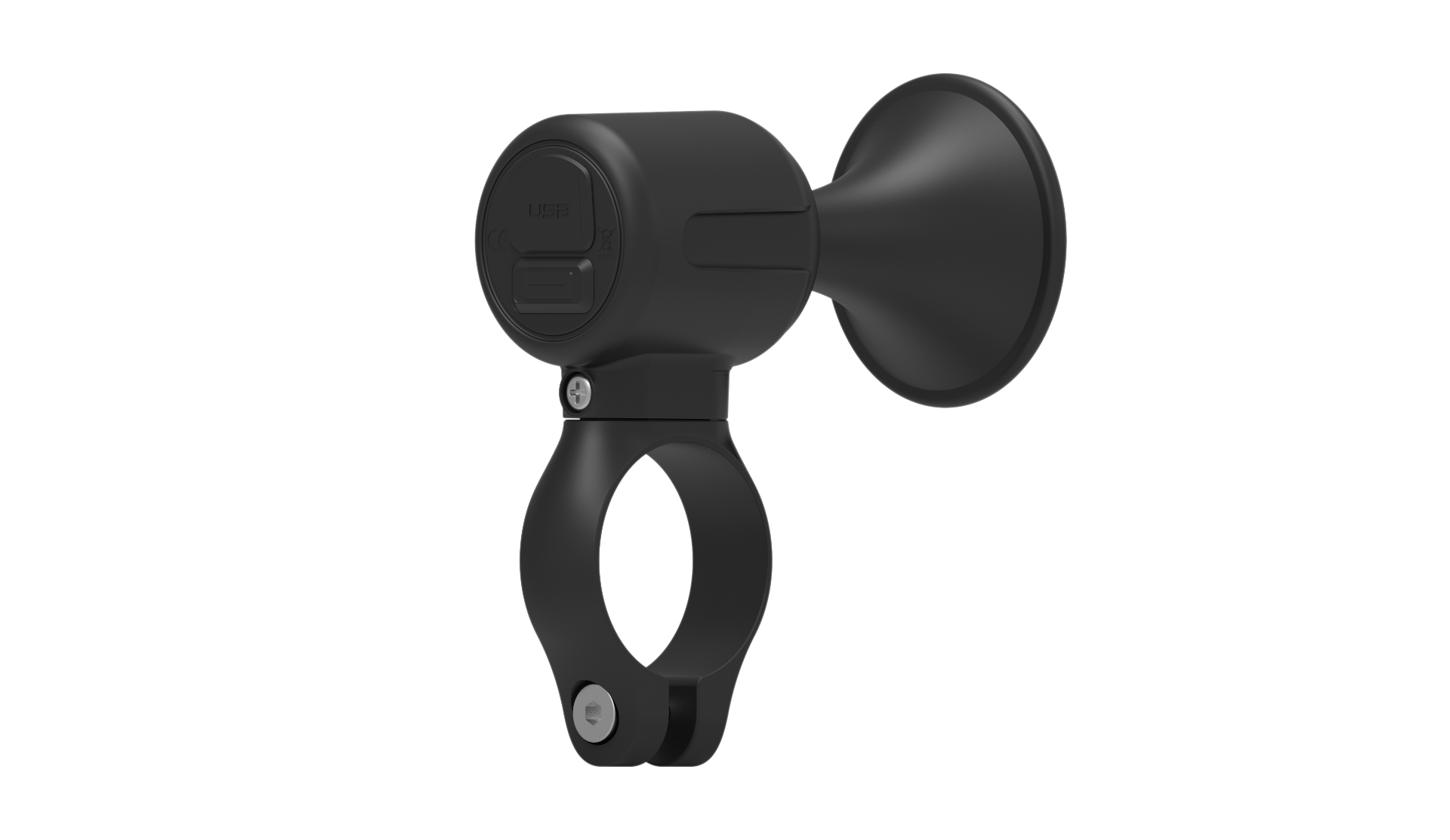 A black device with a horn-like shape. It has a USB port and a circular mount. The background is solid black.
