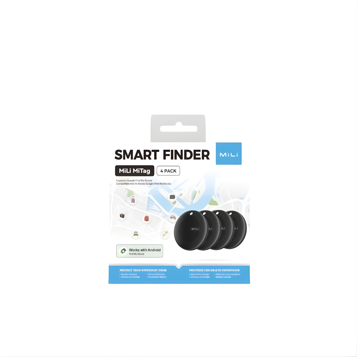 A MiLi MiTag 4-pack smart finder package. Includes four black circular trackers, a map graphic, and Android compatibility messaging.