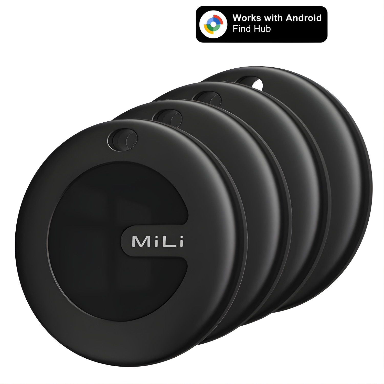 Four black circular MiLi trackers with a hole. A 'Works with Android Find Hub' logo is at the top right.