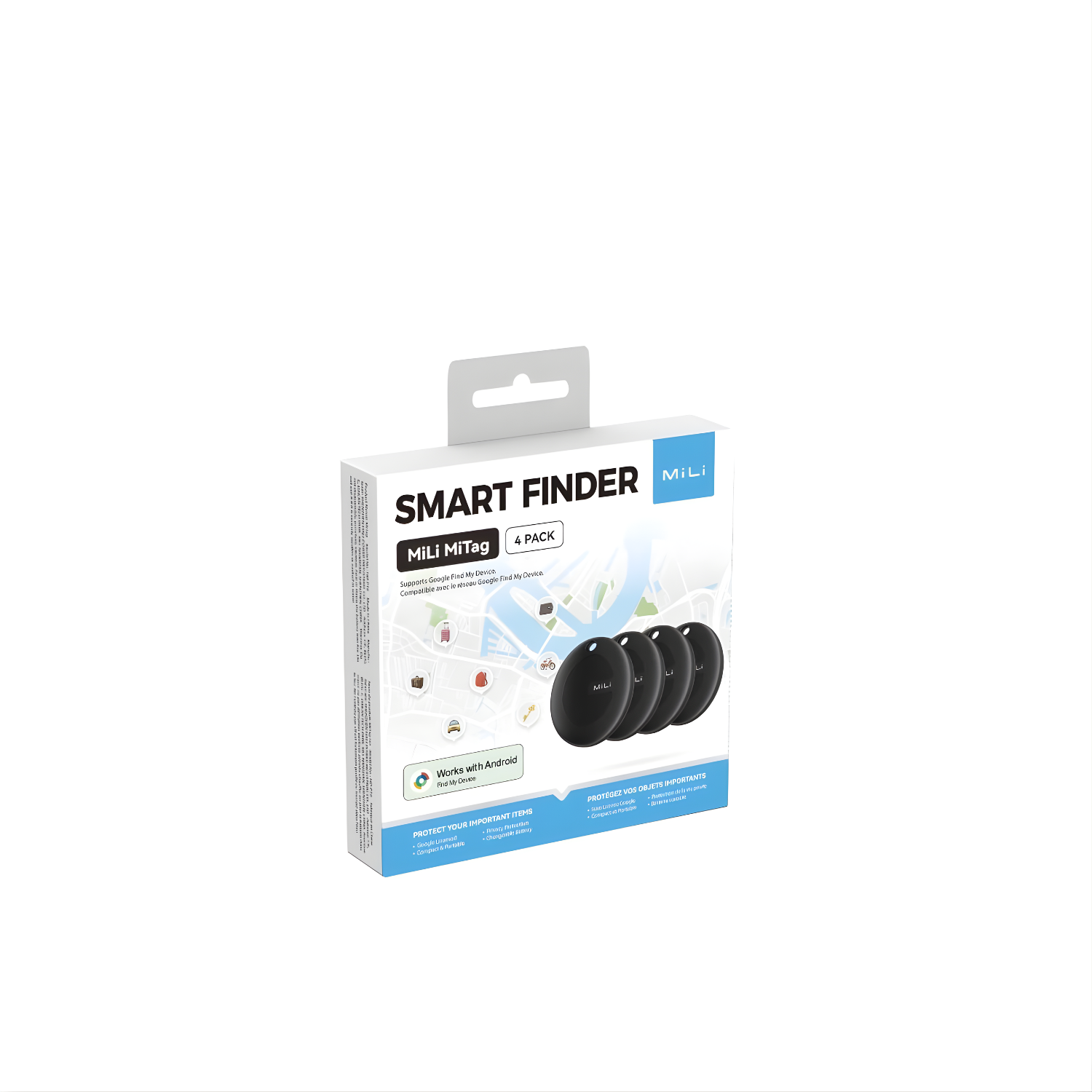 A white box with a Smart Finder label and four black MiLi MiTag trackers. It works with Android.