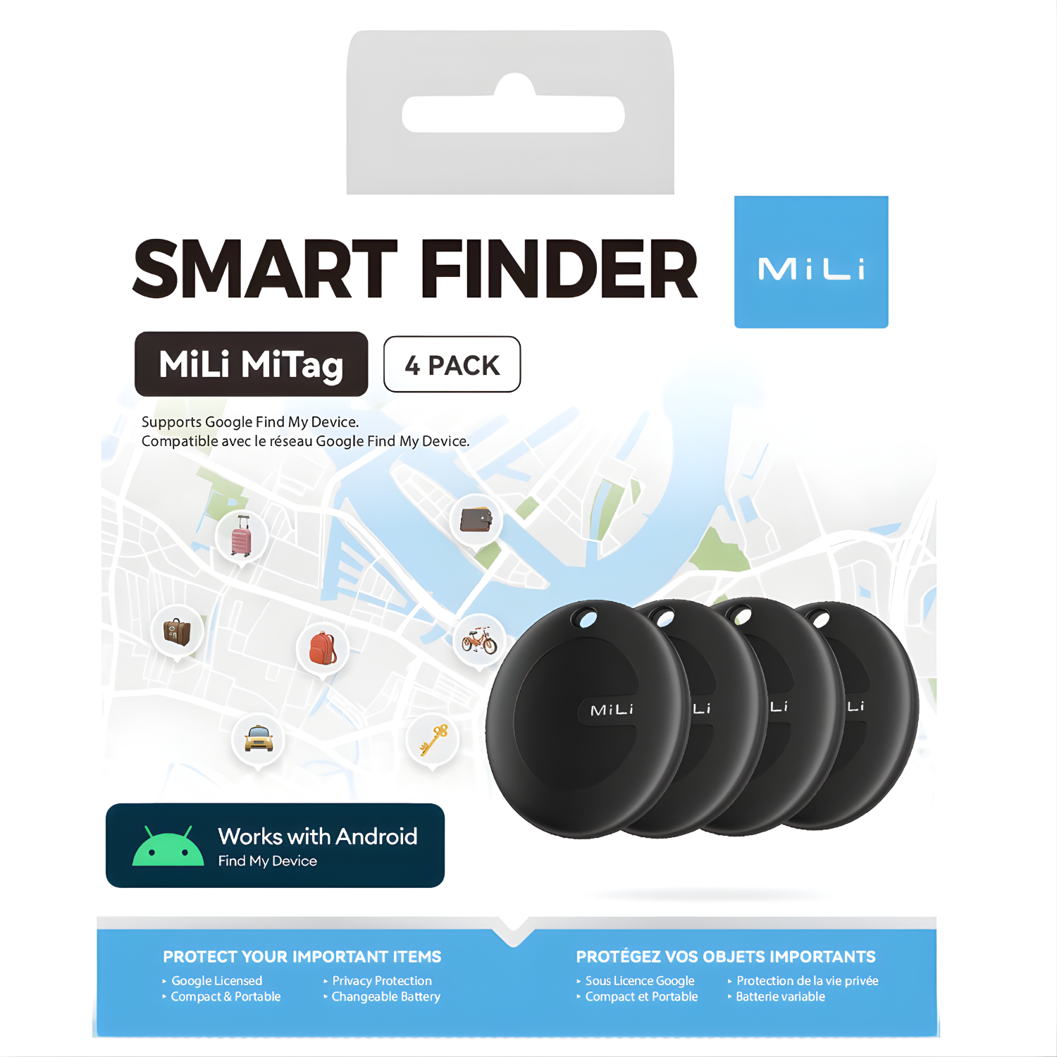 A product image of a MiLi Smart Finder 4-pack. Includes black disc trackers, Android logo, and map background with icons.