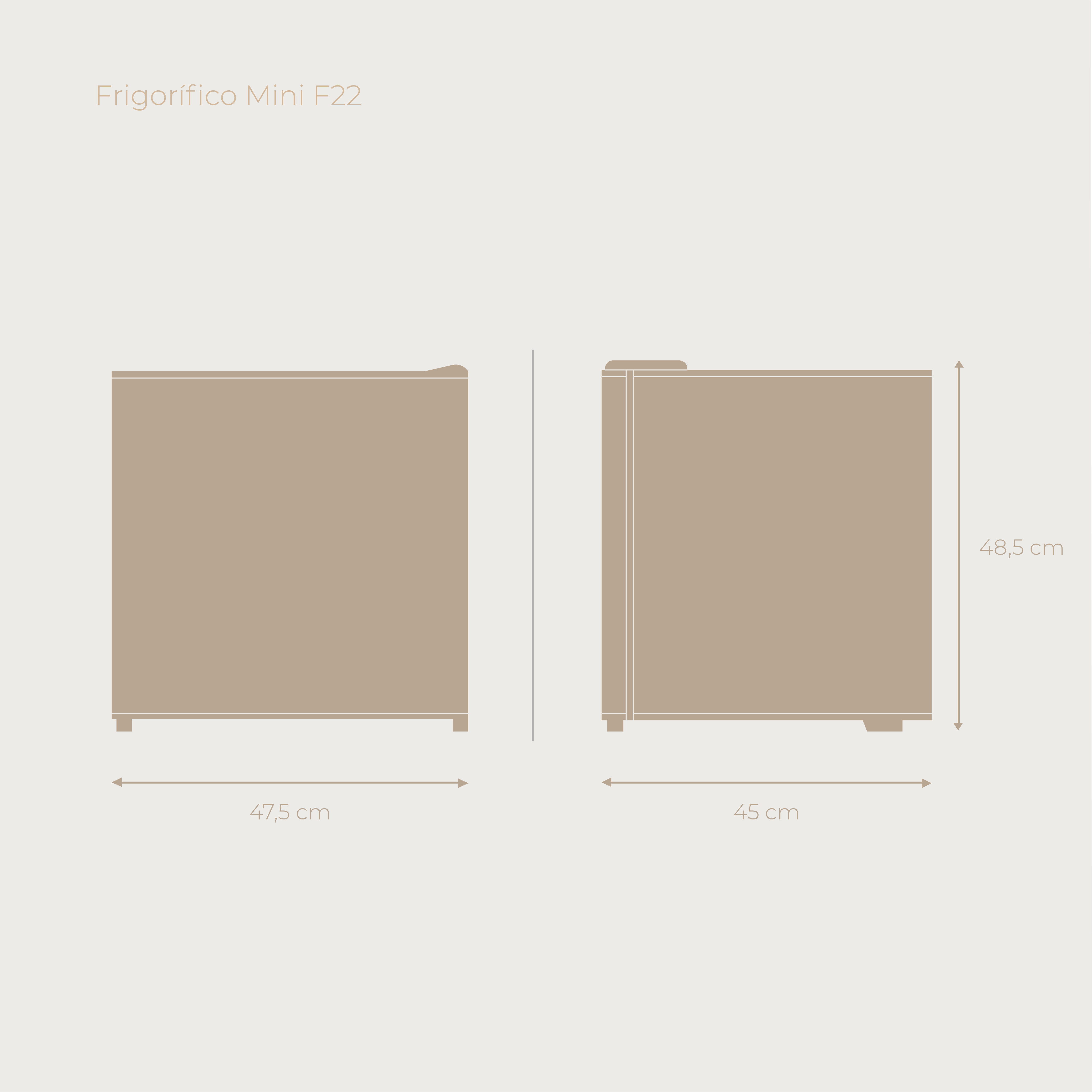 Diagrama de un minirefrigerador. Muestra vistas frontal y lateral con dimensiones en cm: 47,5, 45 y 48,5.