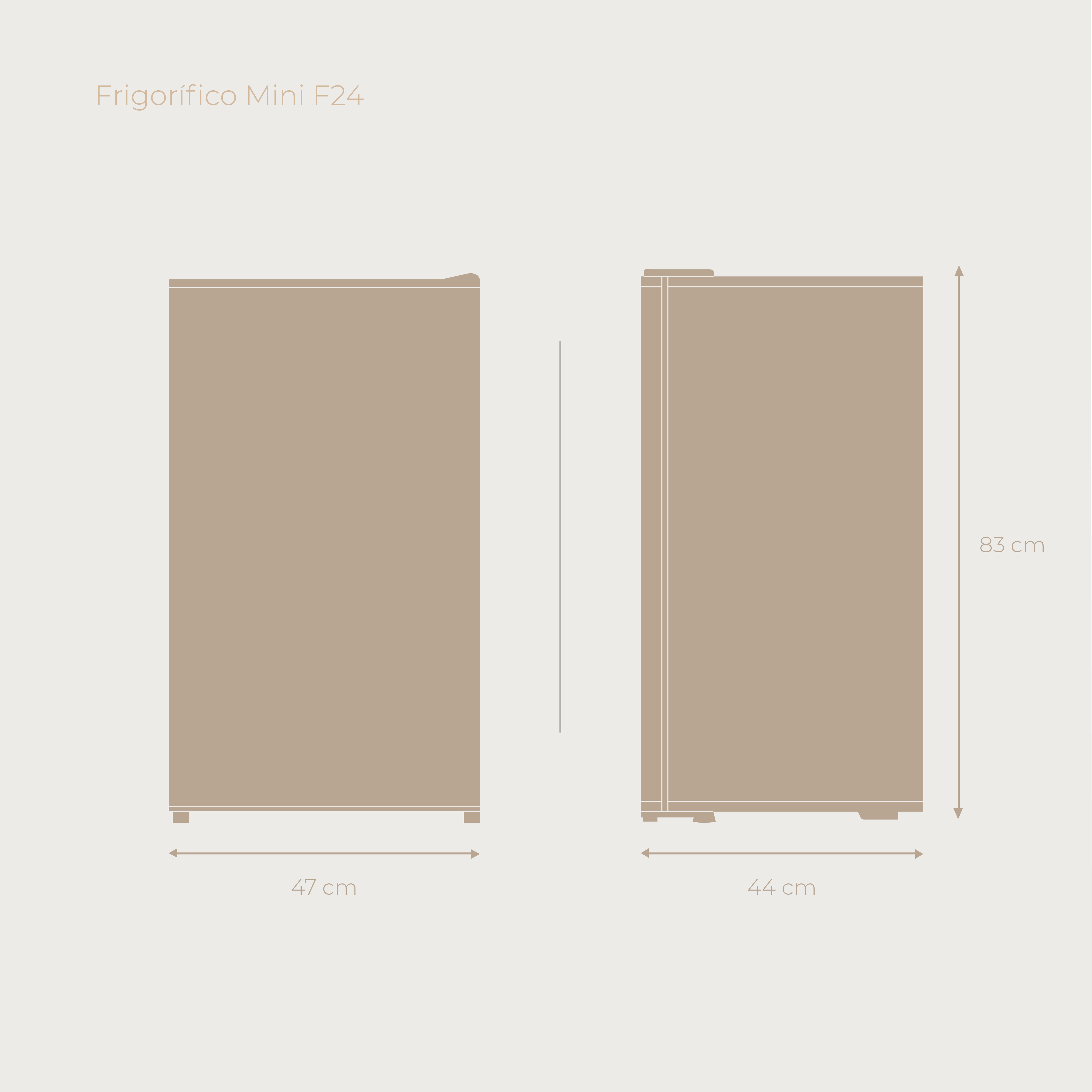Diagrama de un mini-frigorífico con dimensiones. Color beige. Etiquetado como Frigorífico Mini F24.