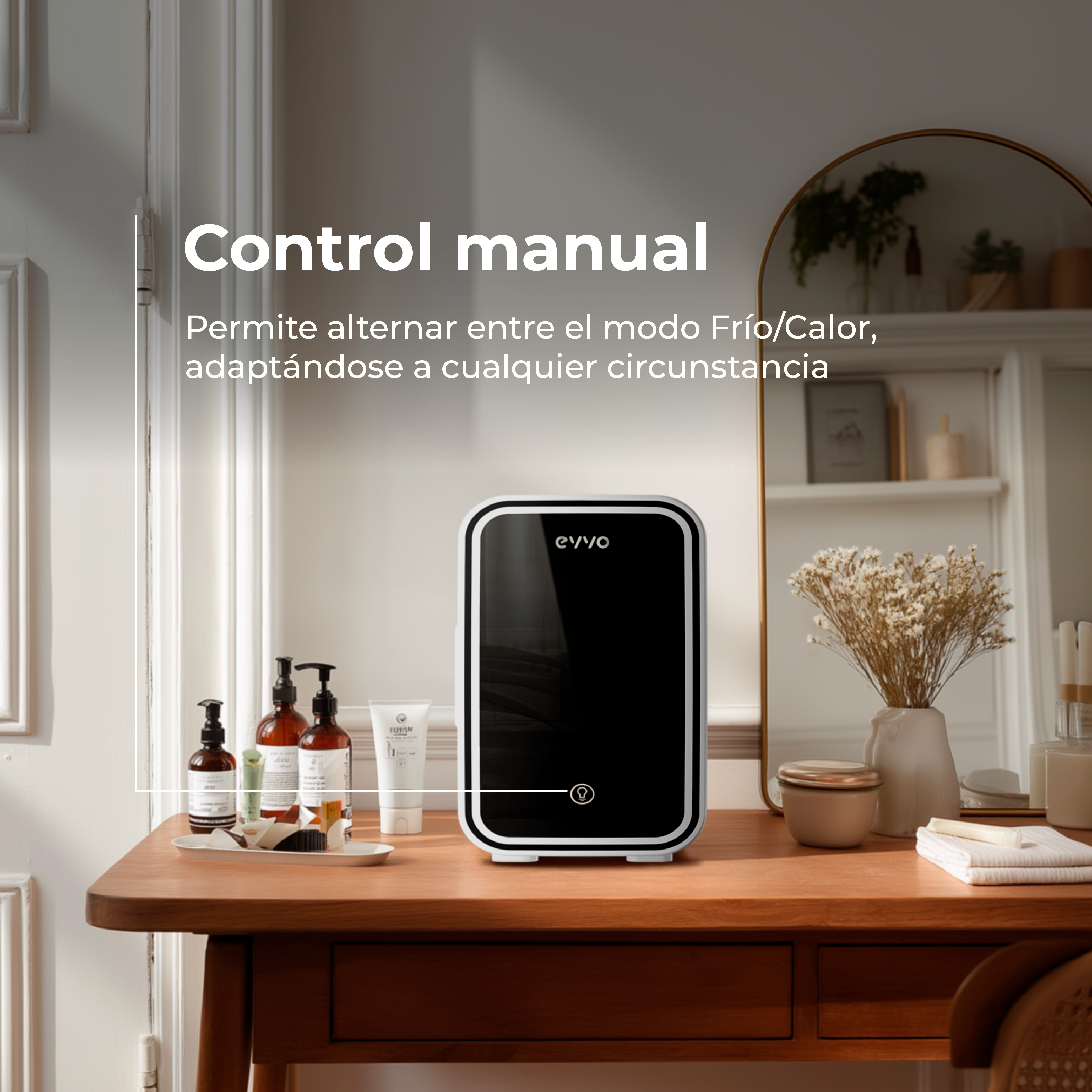 Un electrodoméstico blanco y negro está sobre una mesa de madera. Botellas y un espejo en el fondo.