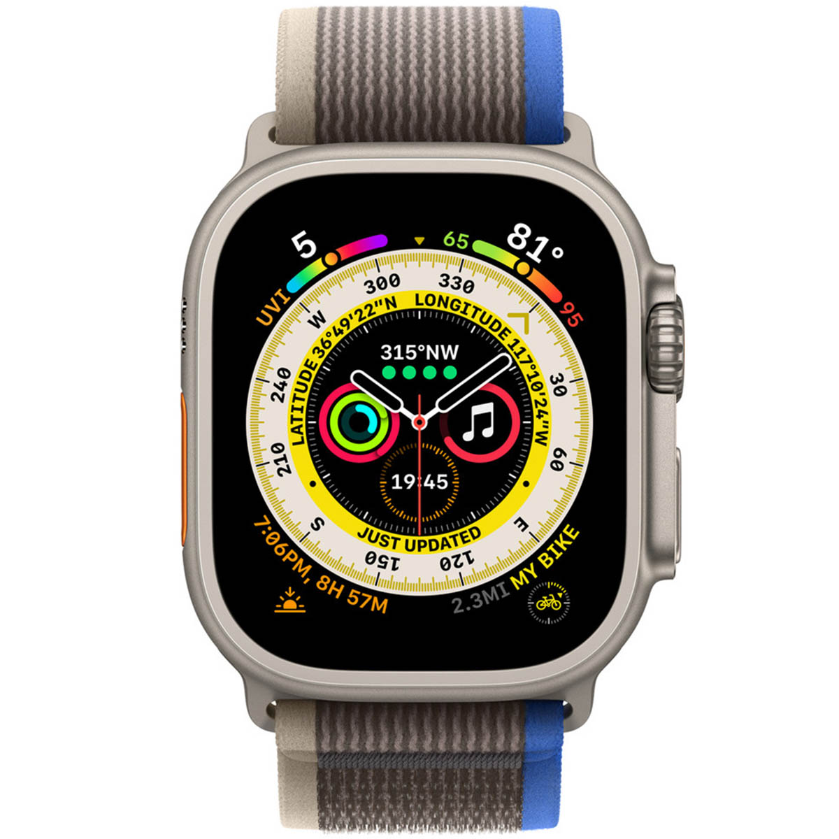 A smartwatch displays time, temperature, and activity data. It has a grey case, a striped band, and a digital interface.