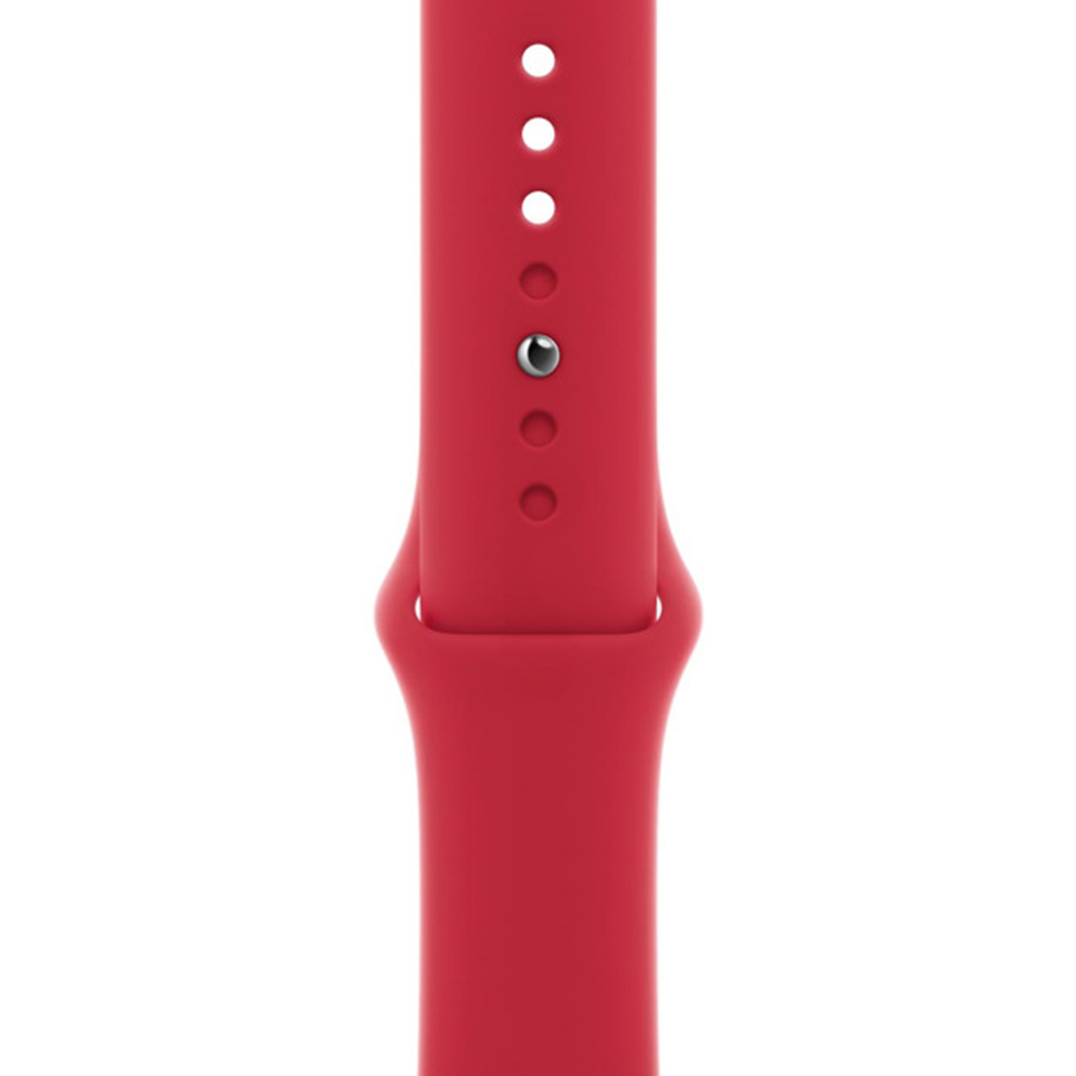 Zbliżenie czerwonego paska do zegarka na białym tle. Ma kilka otworów i metalowy kołek.