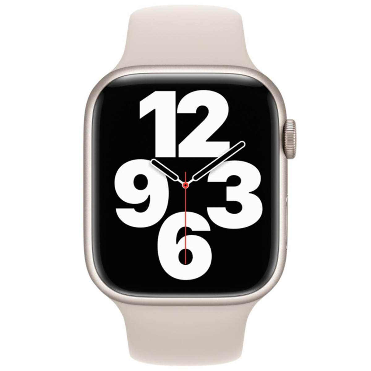 Eine beige Apple Watch zeigt ein Zifferblatt mit den Zahlen 12, 9, 3 und 6. Die Uhr hat ein beiges Armband.