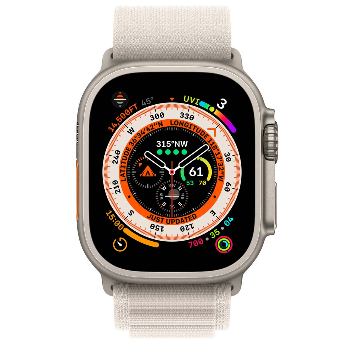 A close-up of a smartwatch with a white strap. The watch face displays data, including altitude, latitude, longitude, and time.