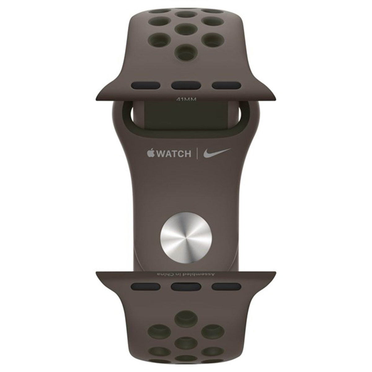 Brown Apple Watch band. It features holes and the Apple Watch logo. The band is connected to a silver disc.