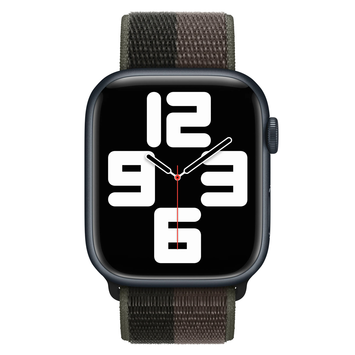 Ciemny smartwatch z czarnym ekranem wyświetlającym godzinę. Ma pasek w kolorze moro. Godzina to 9:16.