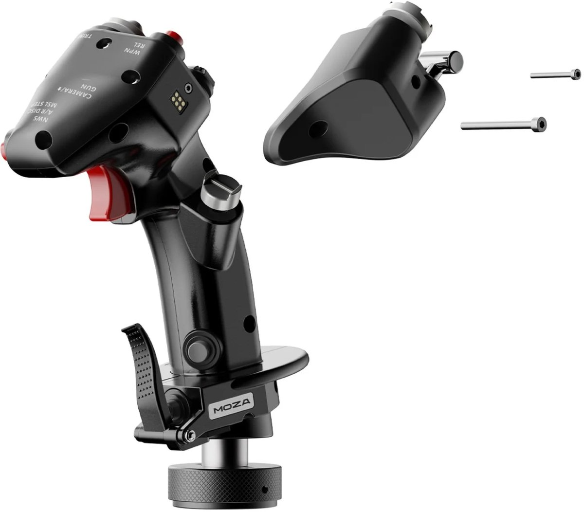 Een gedemonteerde zwarte joystick met rode knoppen en zilveren schroeven, MOZA-logo zichtbaar. Onderdelen zijn grip, basis en bovenkant.