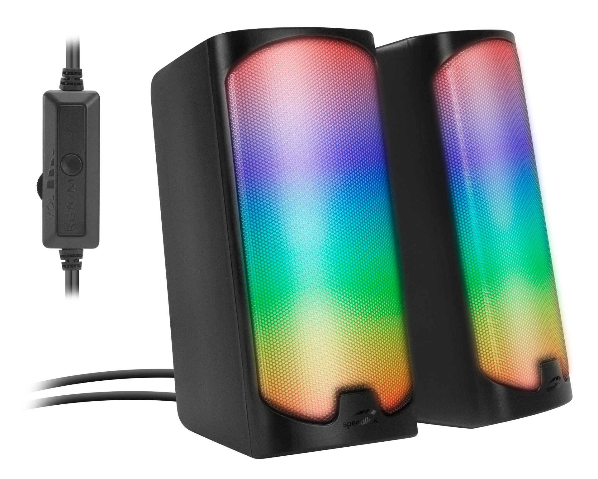 Due altoparlanti neri con luci arcobaleno. Un controllo del volume è a sinistra. Gli altoparlanti hanno il logo Speedlink.