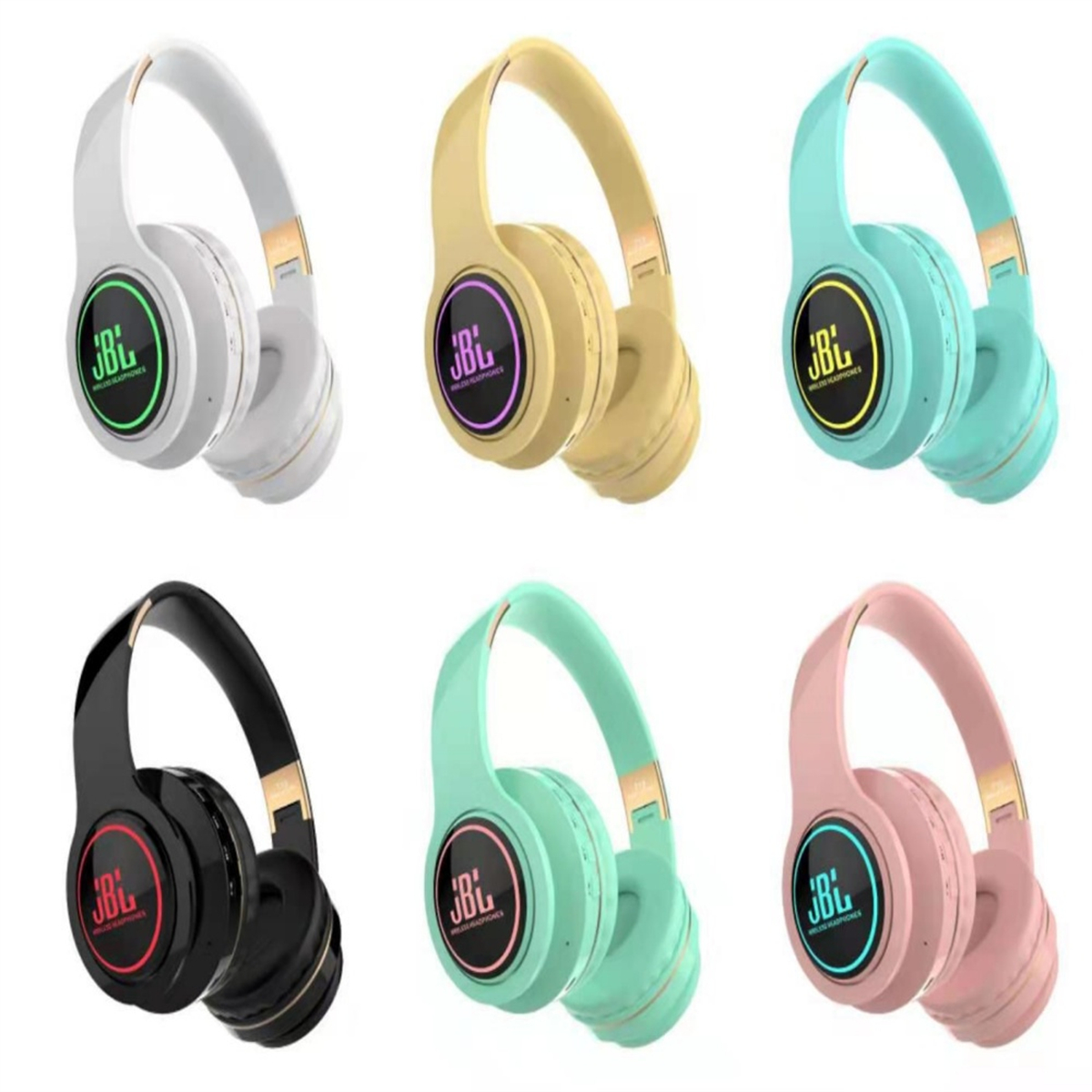 Sechs farbige kabellose JBL-Kopfhörer sind in zwei Reihen angeordnet. Zu den Farben gehören Weiß, Gelb, Türkis, Schwarz, Mint und Rosa.