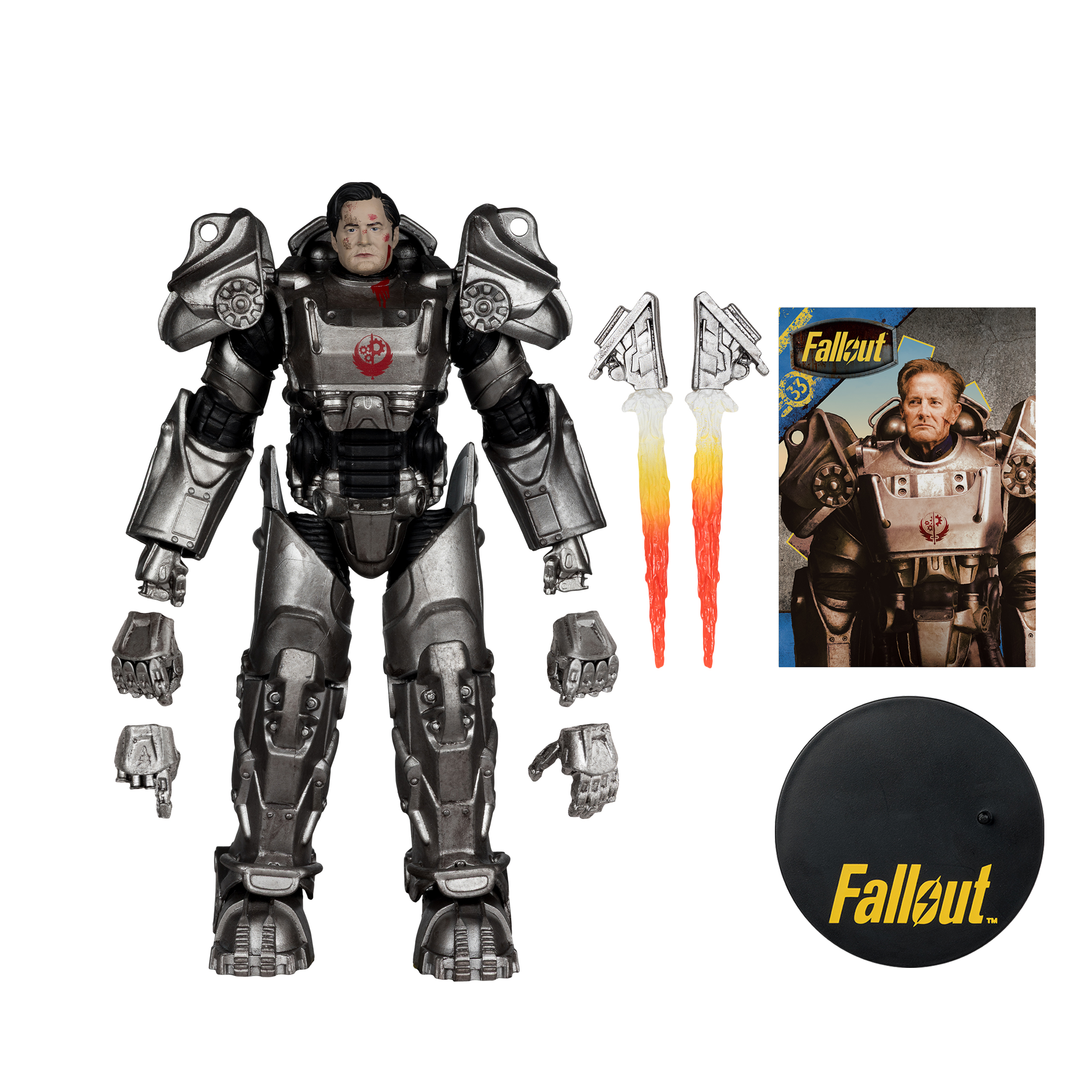 Una figura di Fallout in armatura potenziata, con accessori e supporto, è in mostra. La figura è argentata e ha un design dettagliato.