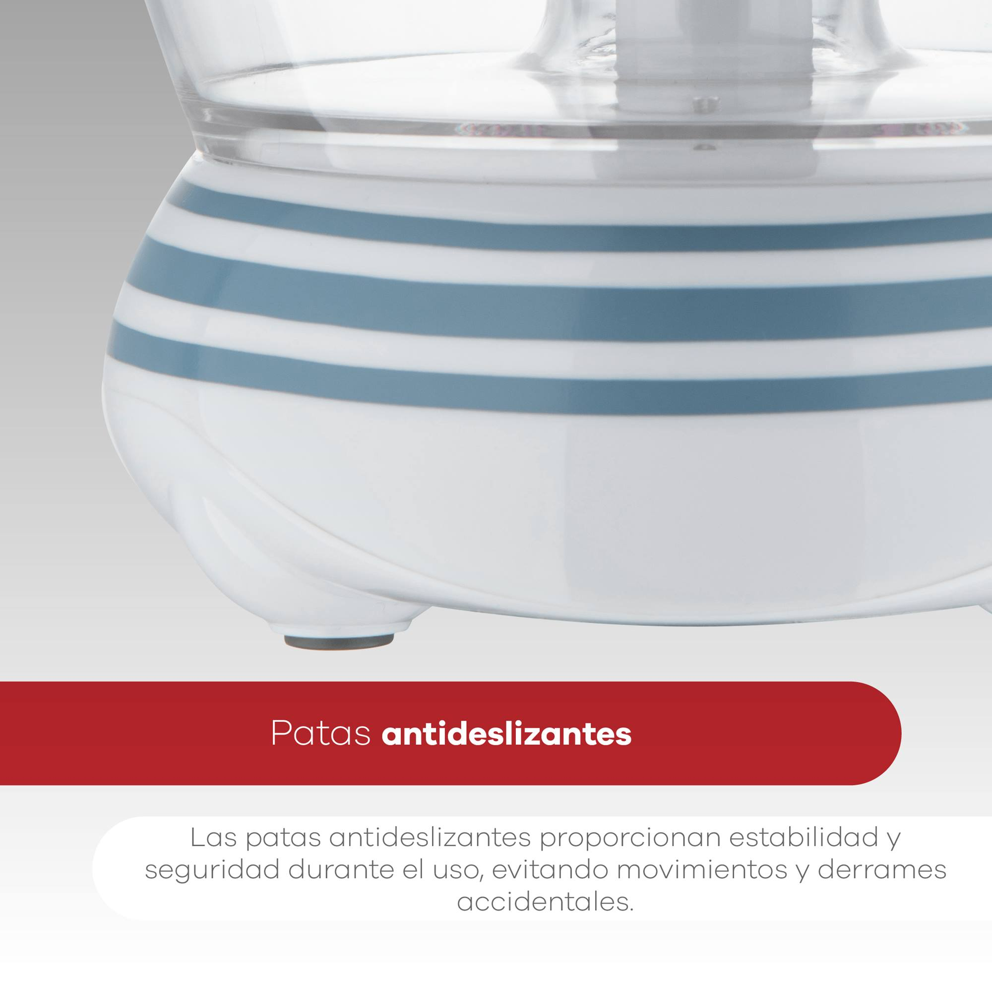 Base de electrodoméstico a rayas blancas y azules con texto 'Patas antideslizantes' y texto abajo en español.