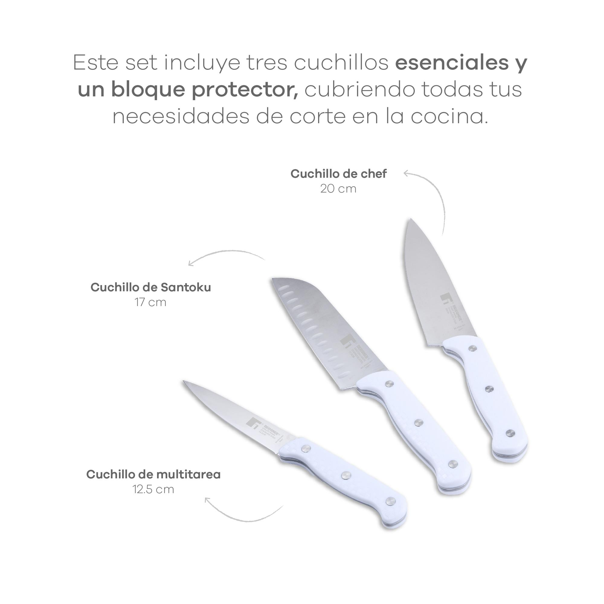 Tres cuchillos de cocina con mangos blancos y hojas plateadas. Texto en español, fondo blanco.