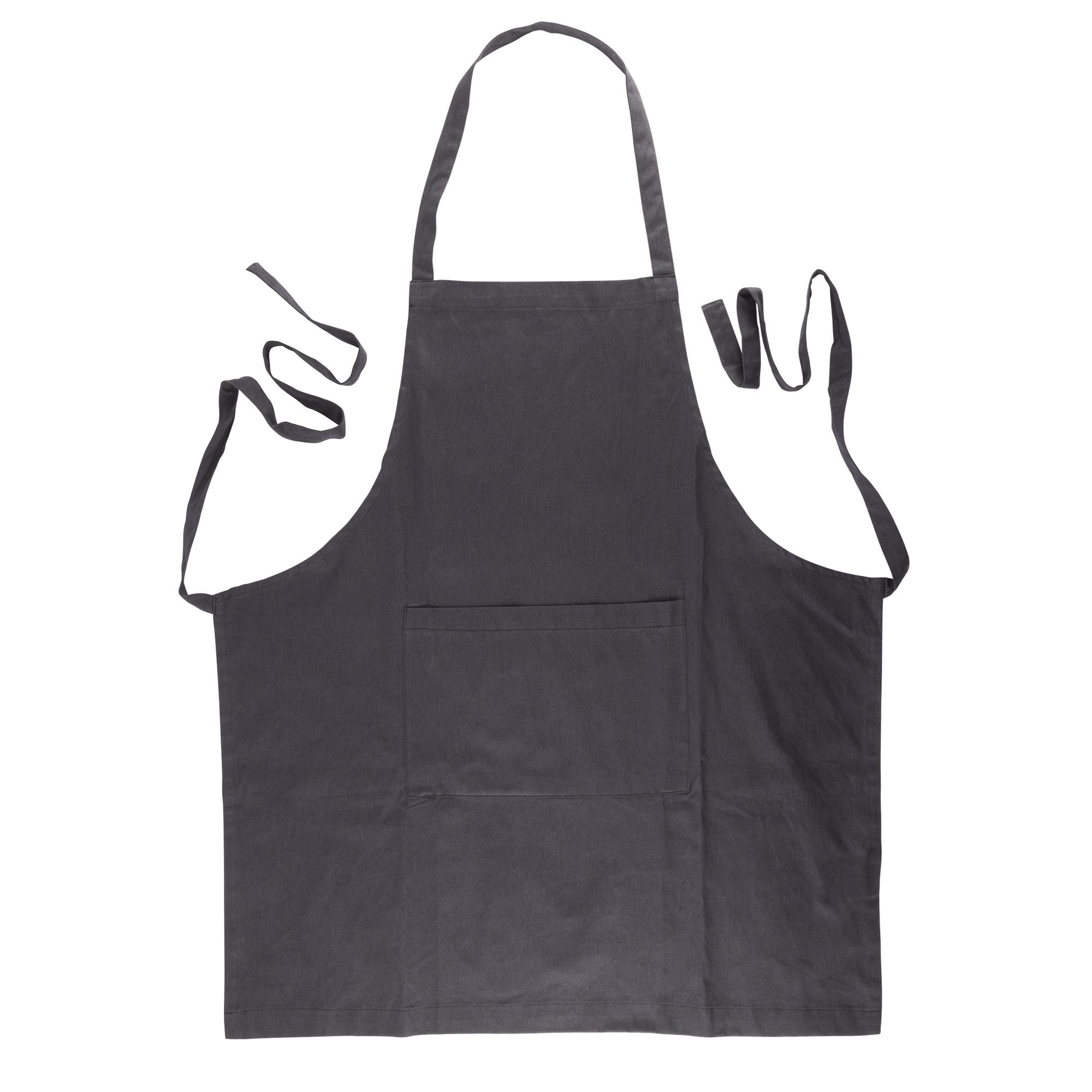 Delantal gris oscuro con bolsillo sobre fondo blanco. Con cintas para cuello y cintura.