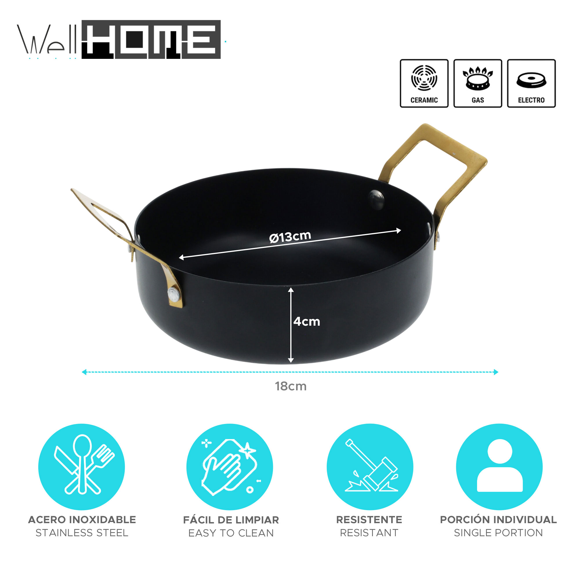 Una sartén negra con asas doradas. Tiene dimensiones etiquetadas e iconos para cocinar en cerámica, gas y electricidad.