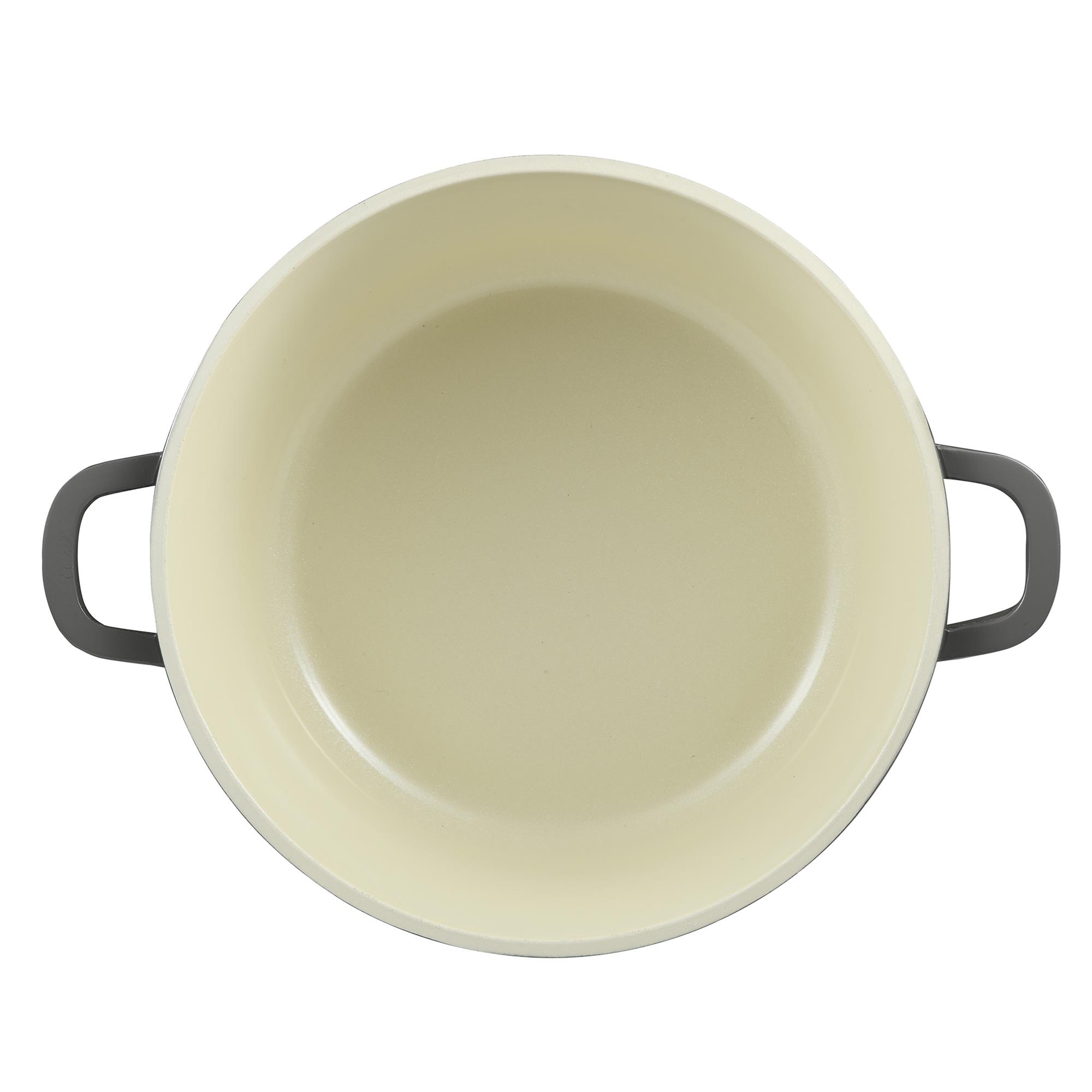 Vista superior de una olla de cocina amarilla clara con dos asas grises oscuras sobre fondo blanco.
