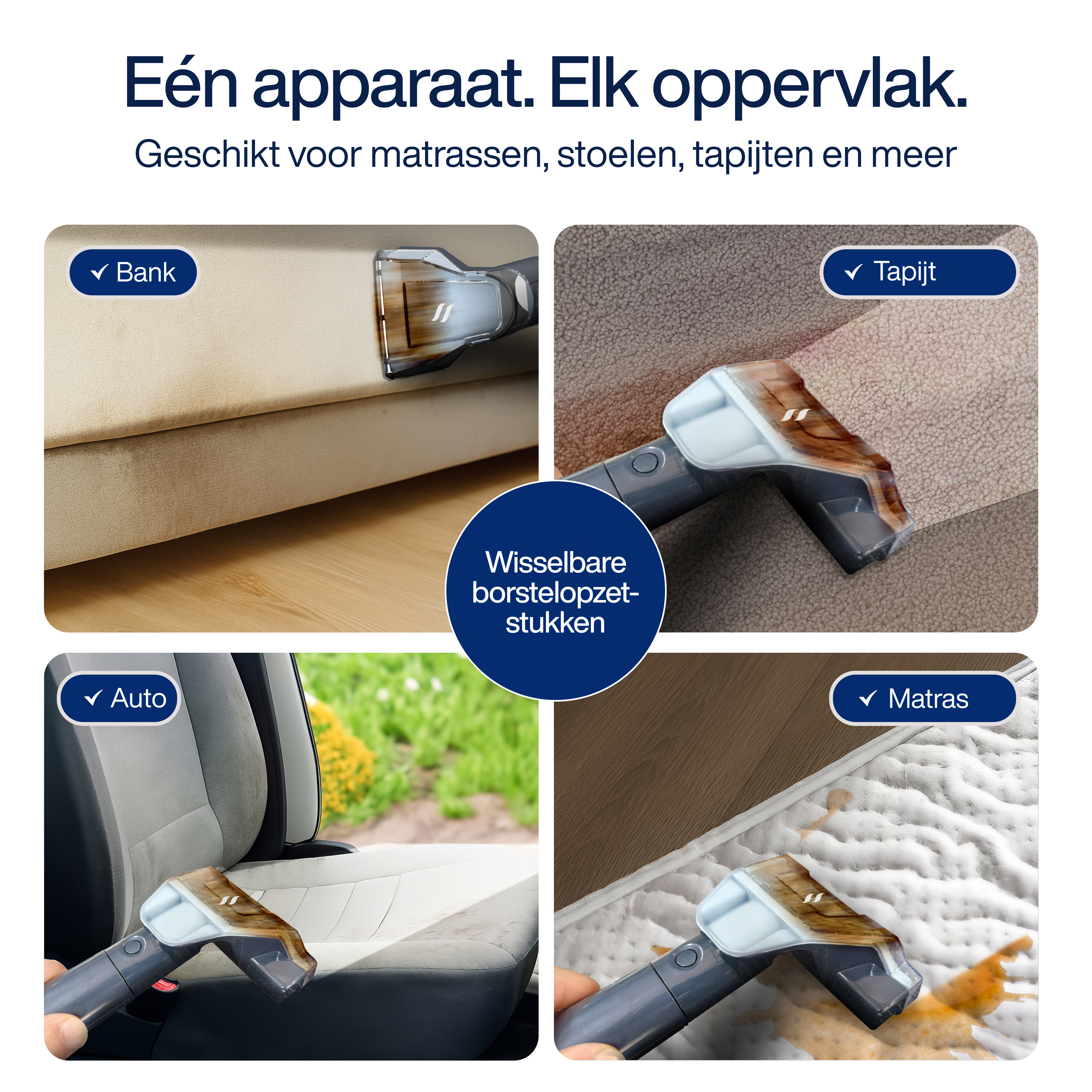 Image shows a cleaning device being used on a bank, carpet, car seat, and mattress, with text in Dutch.