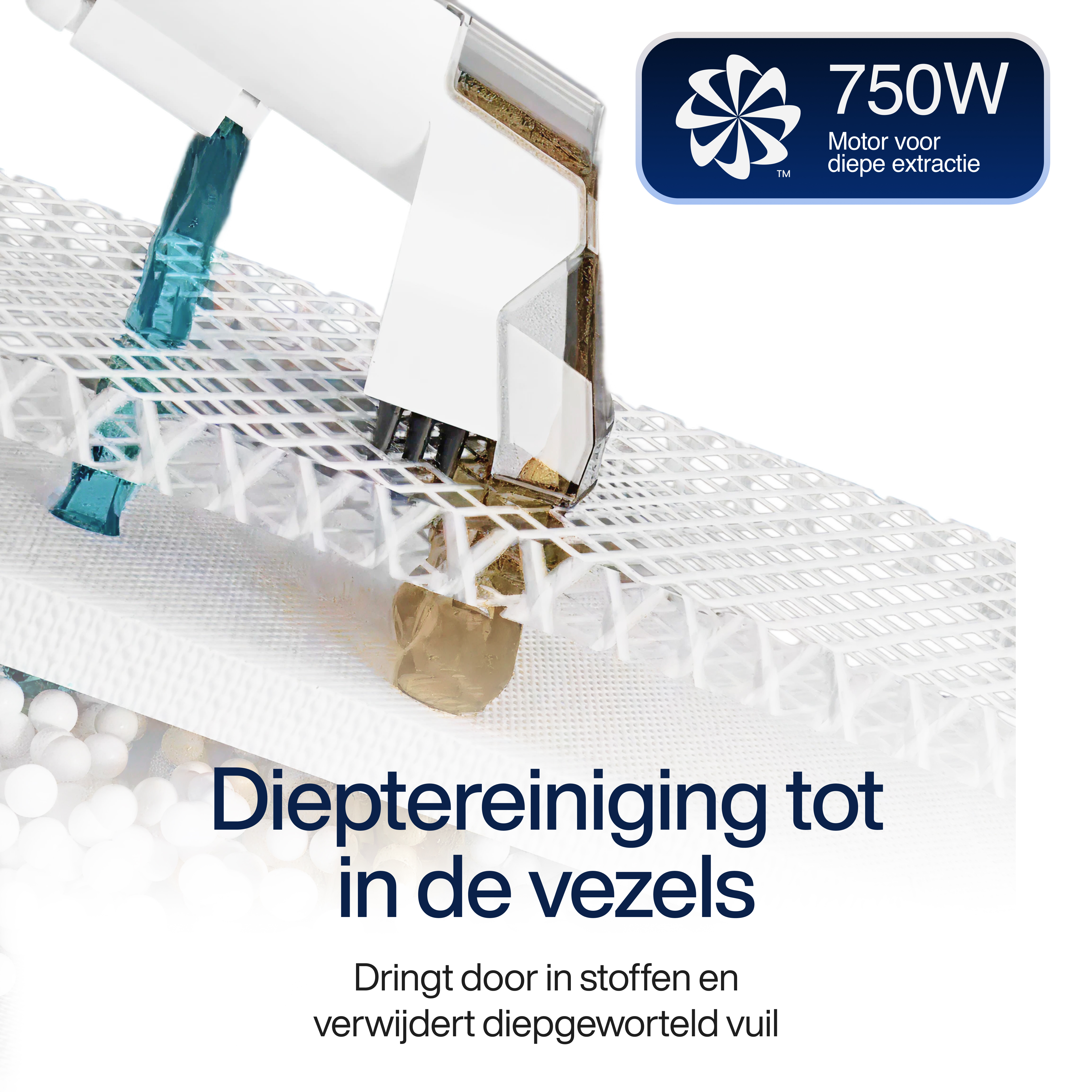A white cleaning device cleans a white mesh. A blue logo indicates 750W power.
