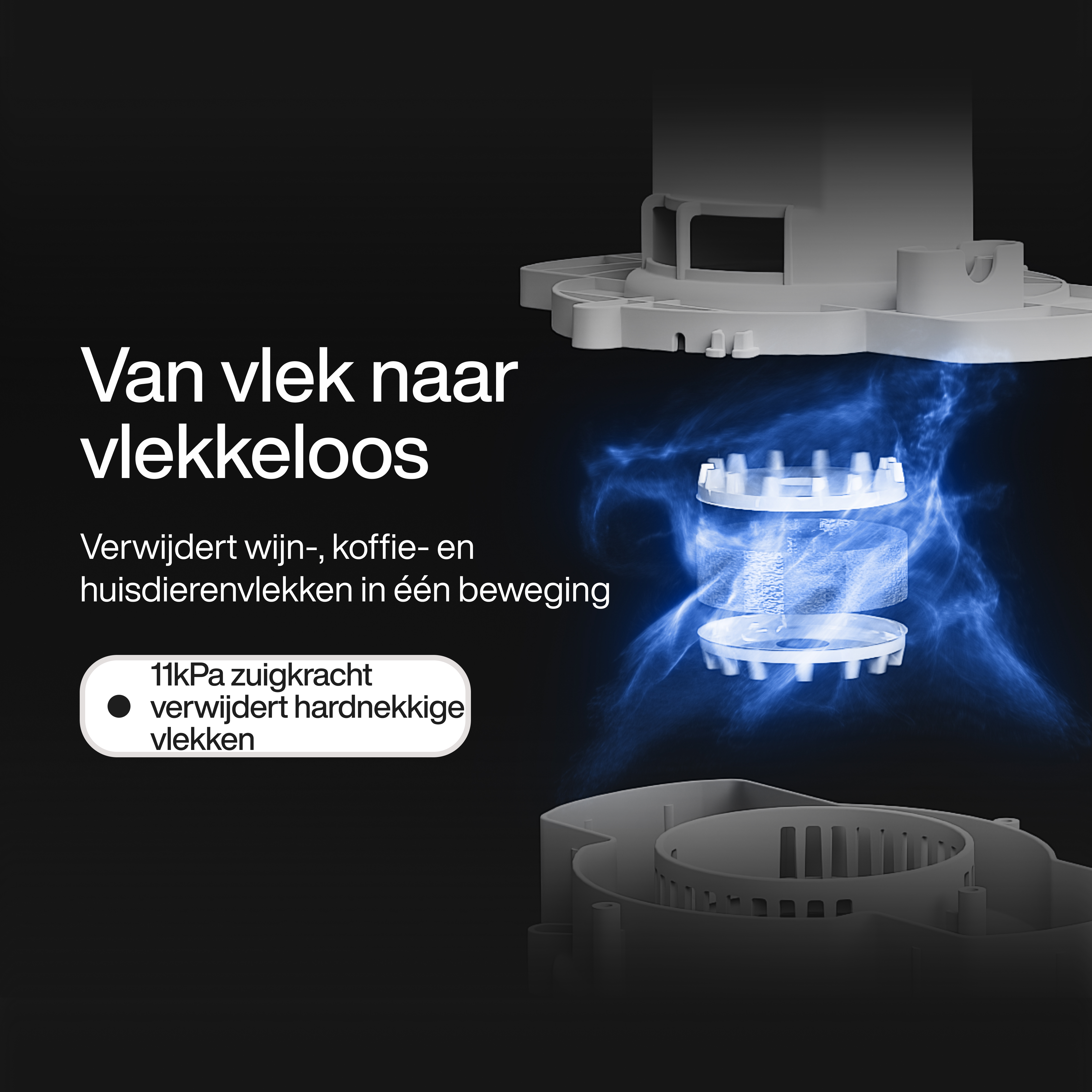 Image shows a device with textual description, 'Van vlek naar vlekkeloos.' It claims to remove stains, with blue energy effect.
