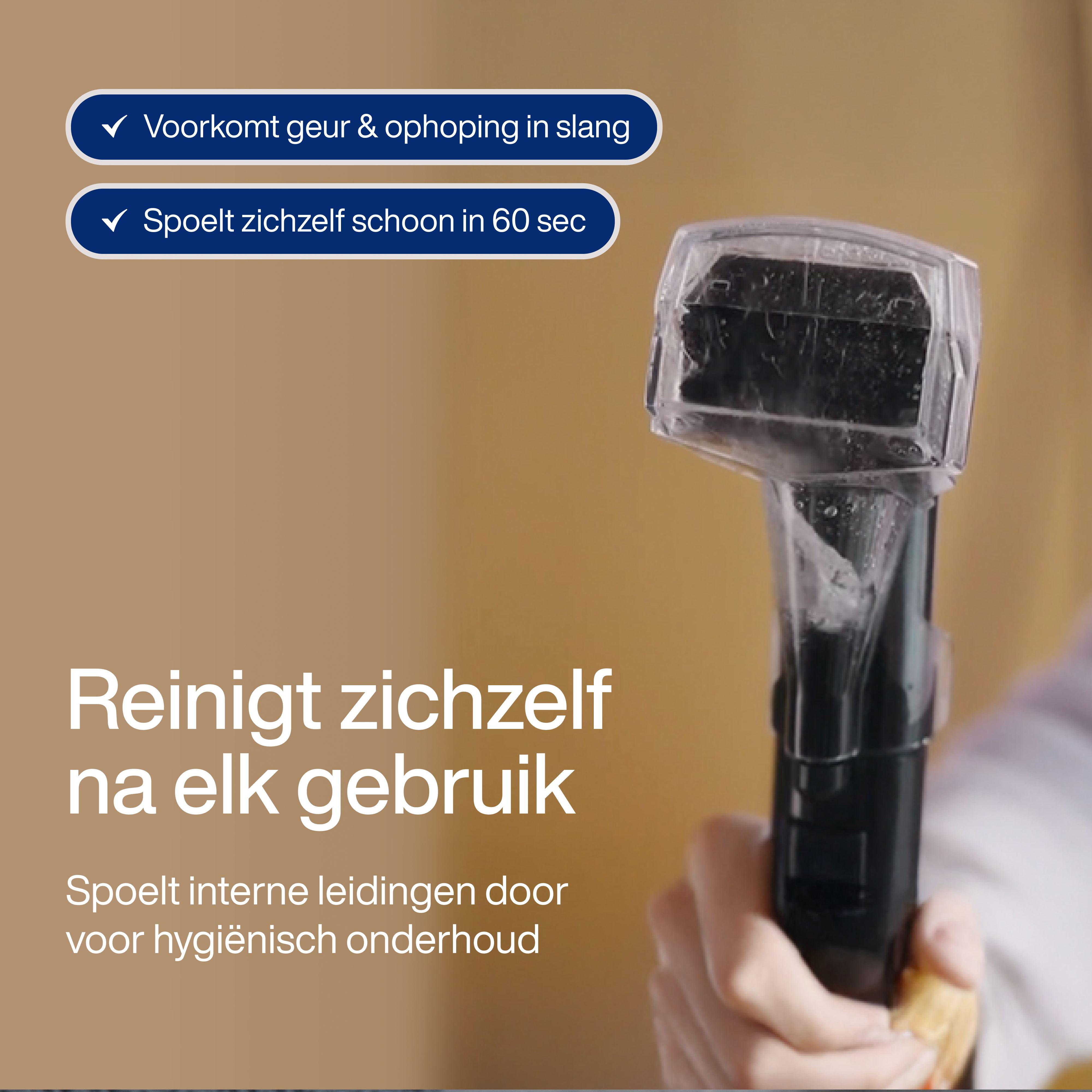 A hand holds a black and clear cleaning device. Text says it prevents odor, cleans itself in 60 sec, and cleans after each use.