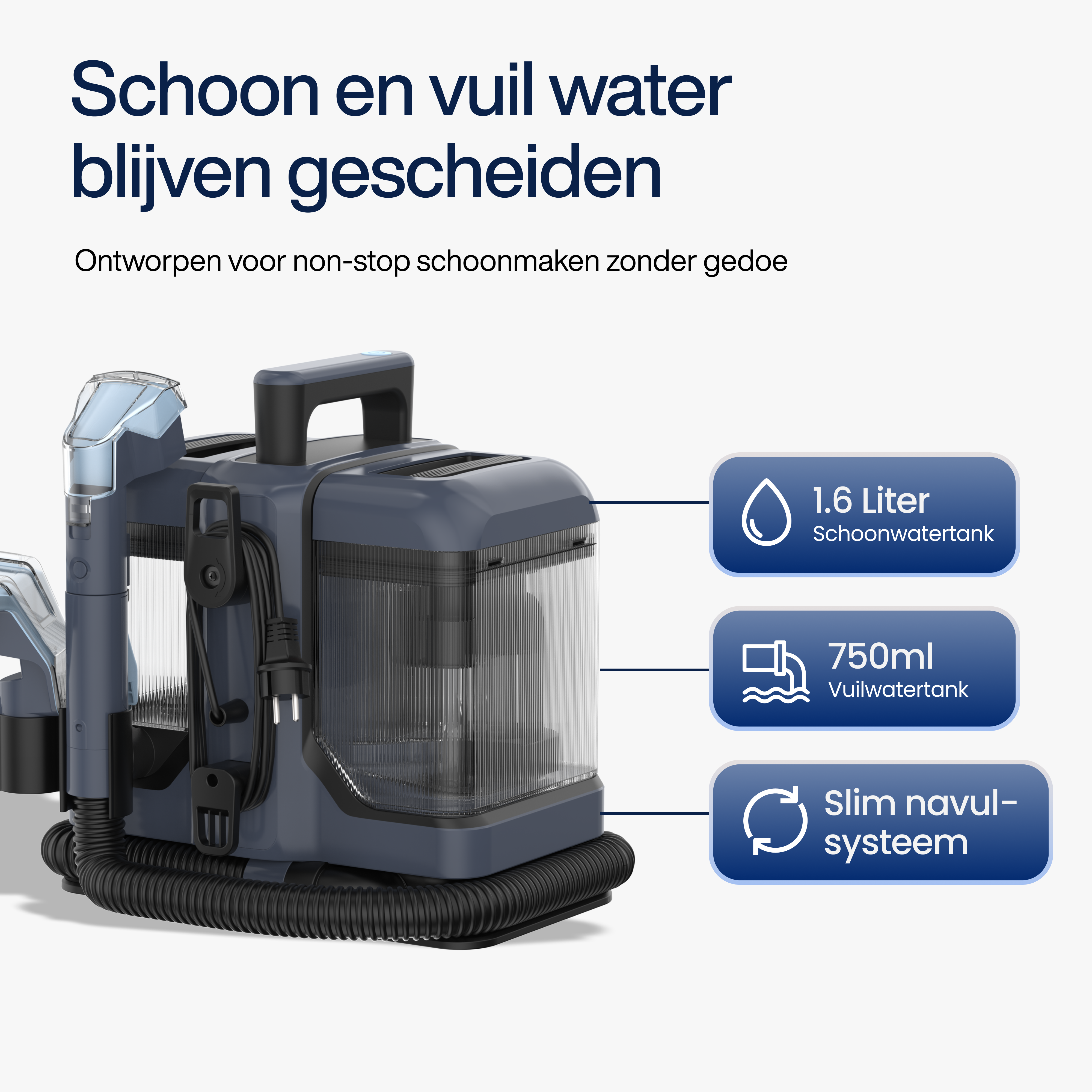A dark blue cleaning machine with a handle. Three blue labels indicate tank sizes and system features.