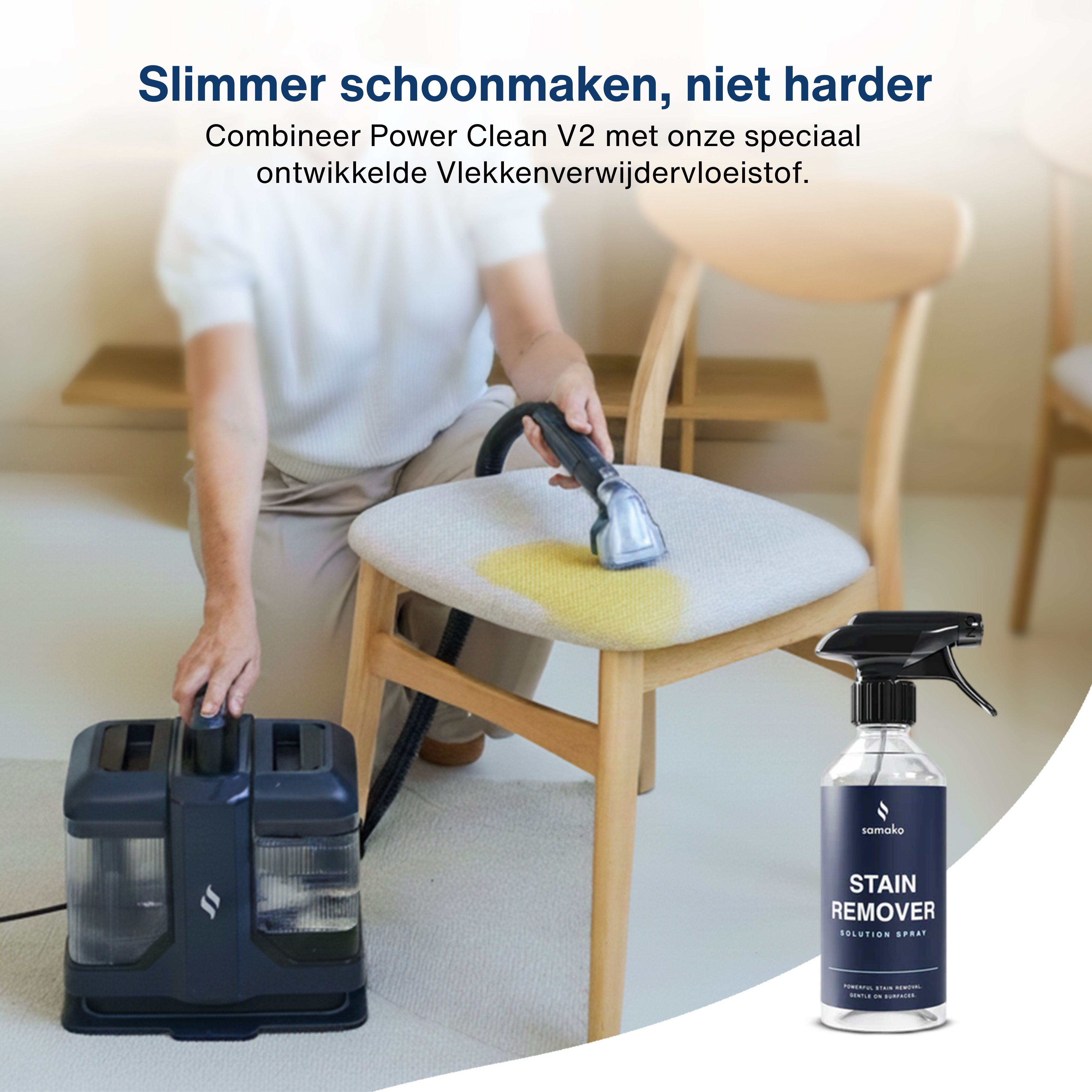 A person cleaning a chair with a stain remover and a cleaning machine. A bottle of stain remover is on the right.
