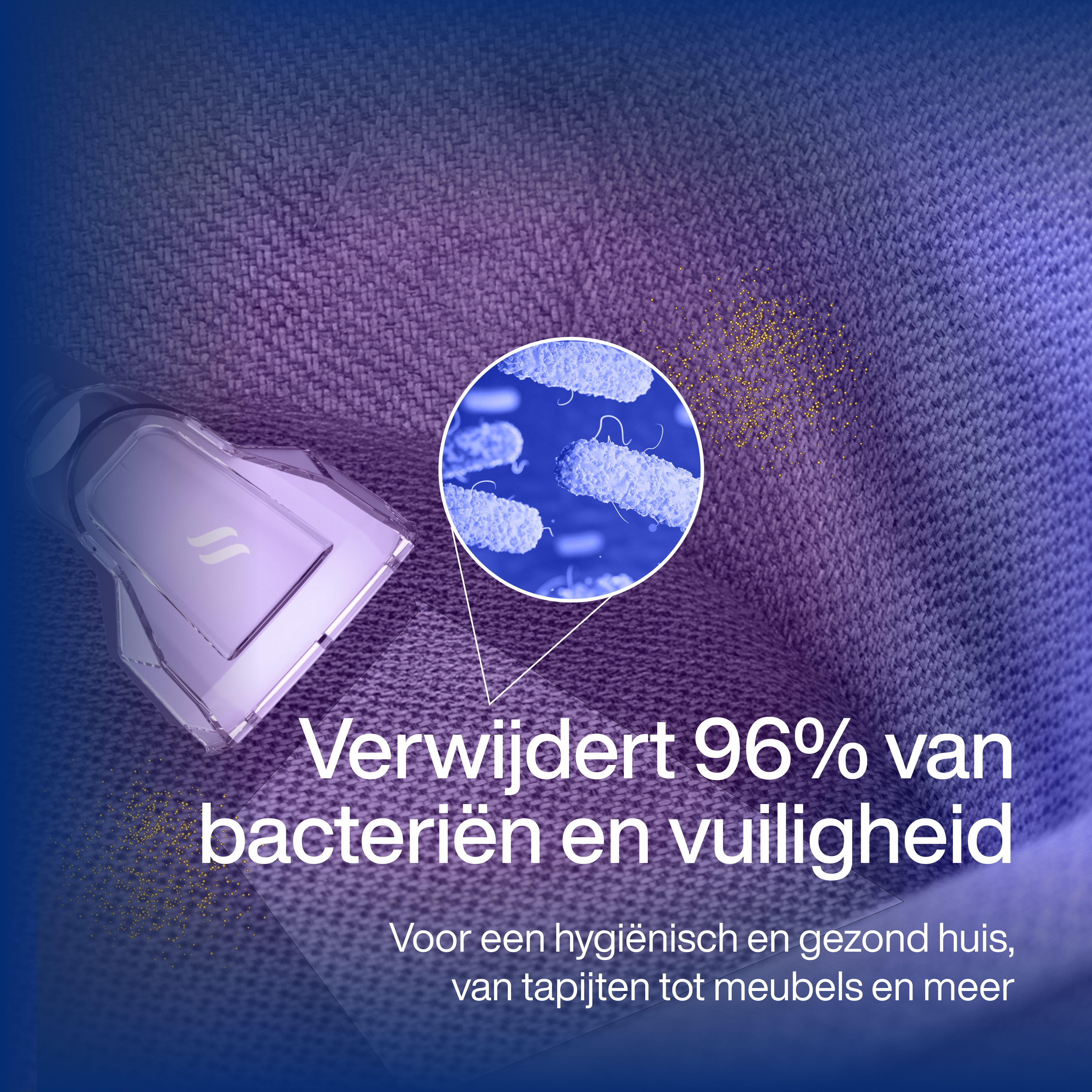 Image shows a cleaning device over a textured surface. A magnified view of bacteria is in a circle.