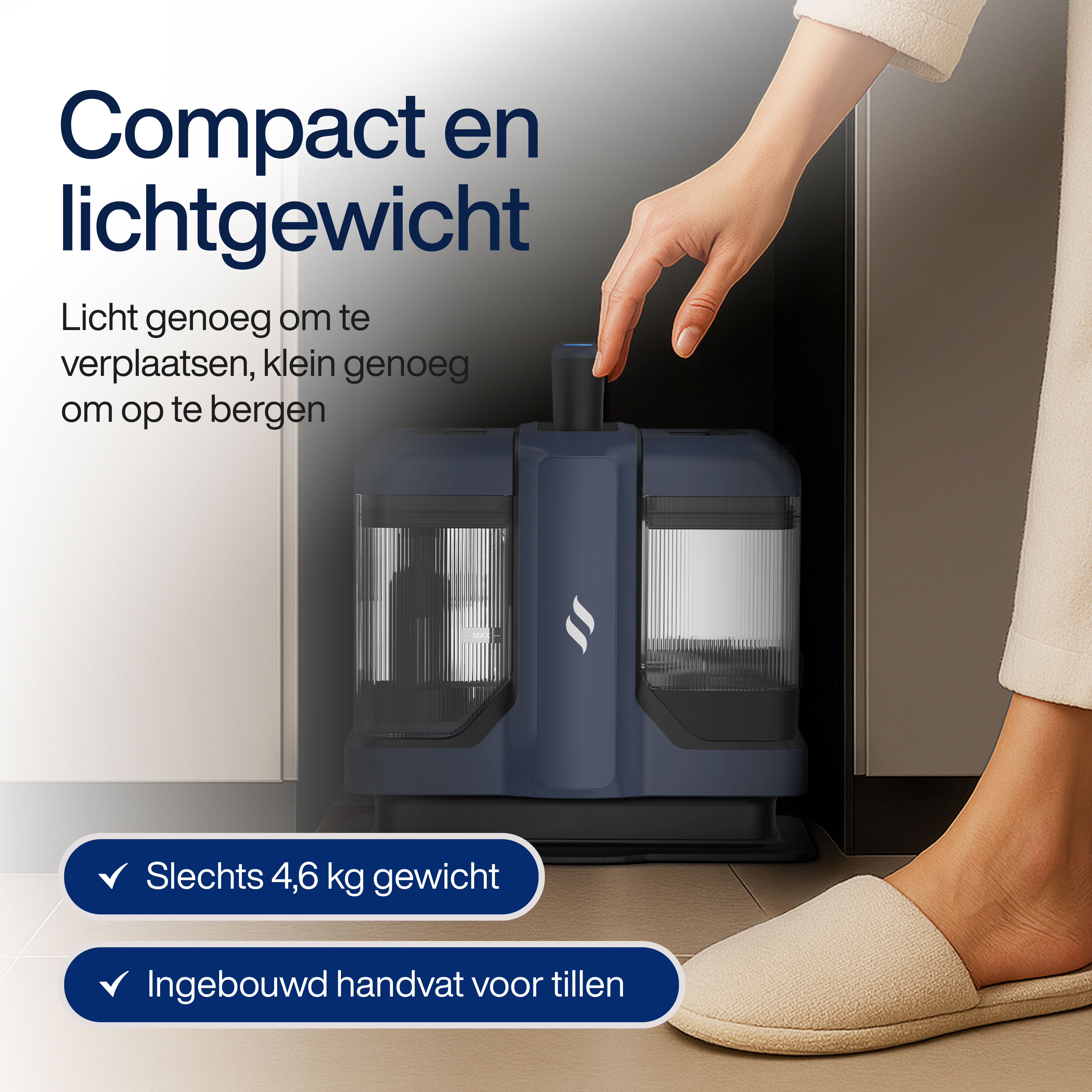 A hand touches a blue cleaning device. Text reads Compact and Lightweight. A person wears a slipper.