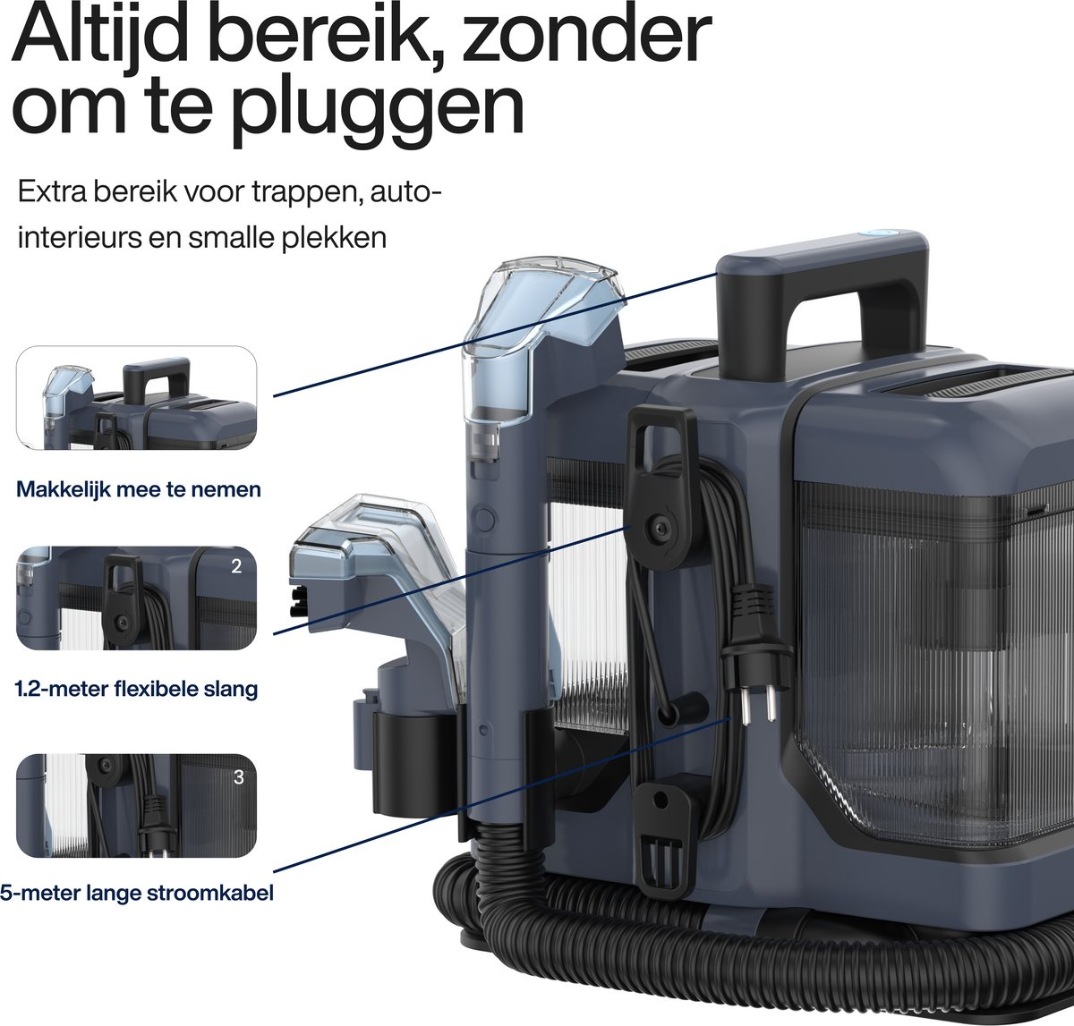 A dark gray handheld vacuum cleaner. It has a handle and a transparent part. A power cord is attached.
