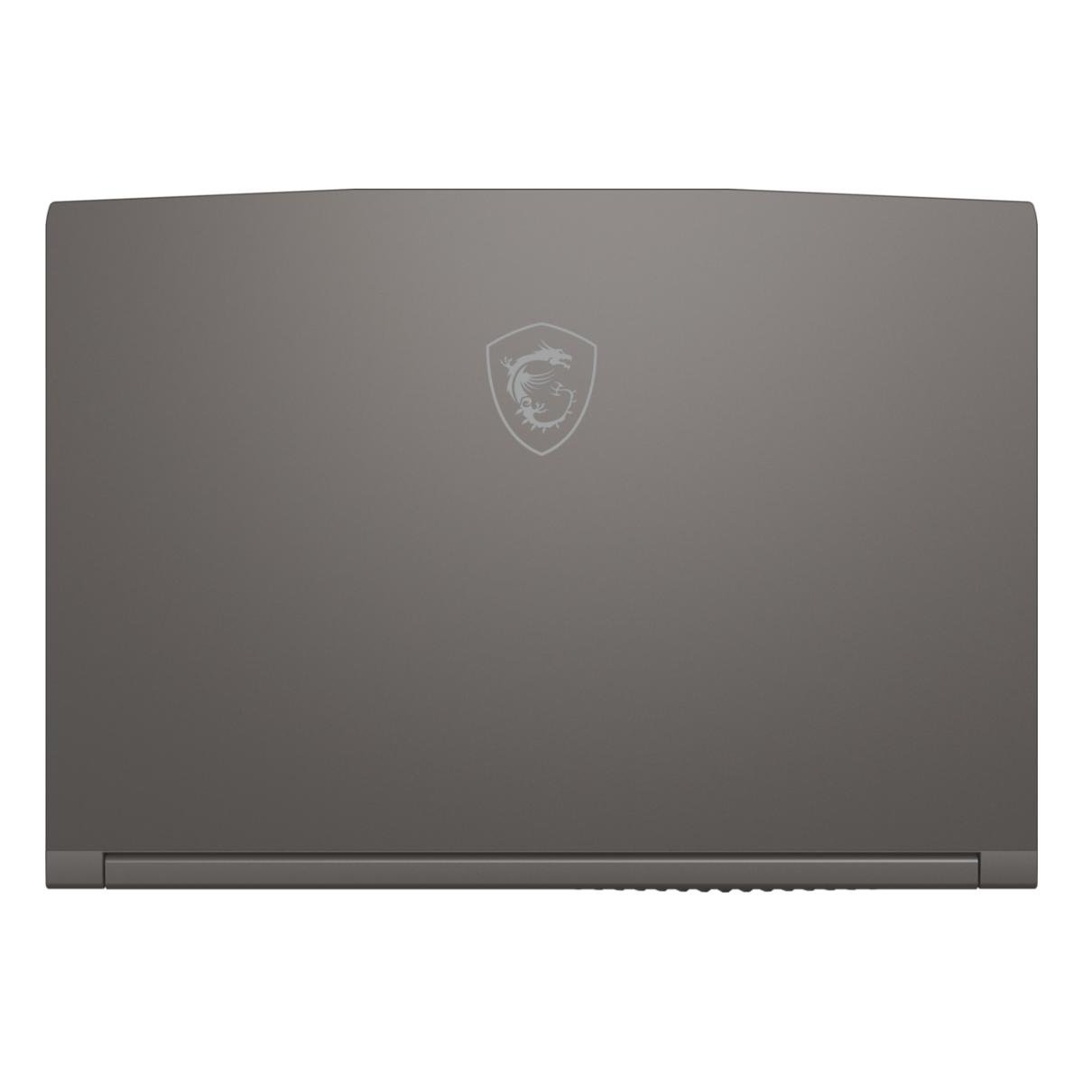 Ein geschlossener, grauer Laptop mit dem MSI-Logo in der Mitte des Deckels. Der Laptop hat eine glatte, matte Oberfläche.